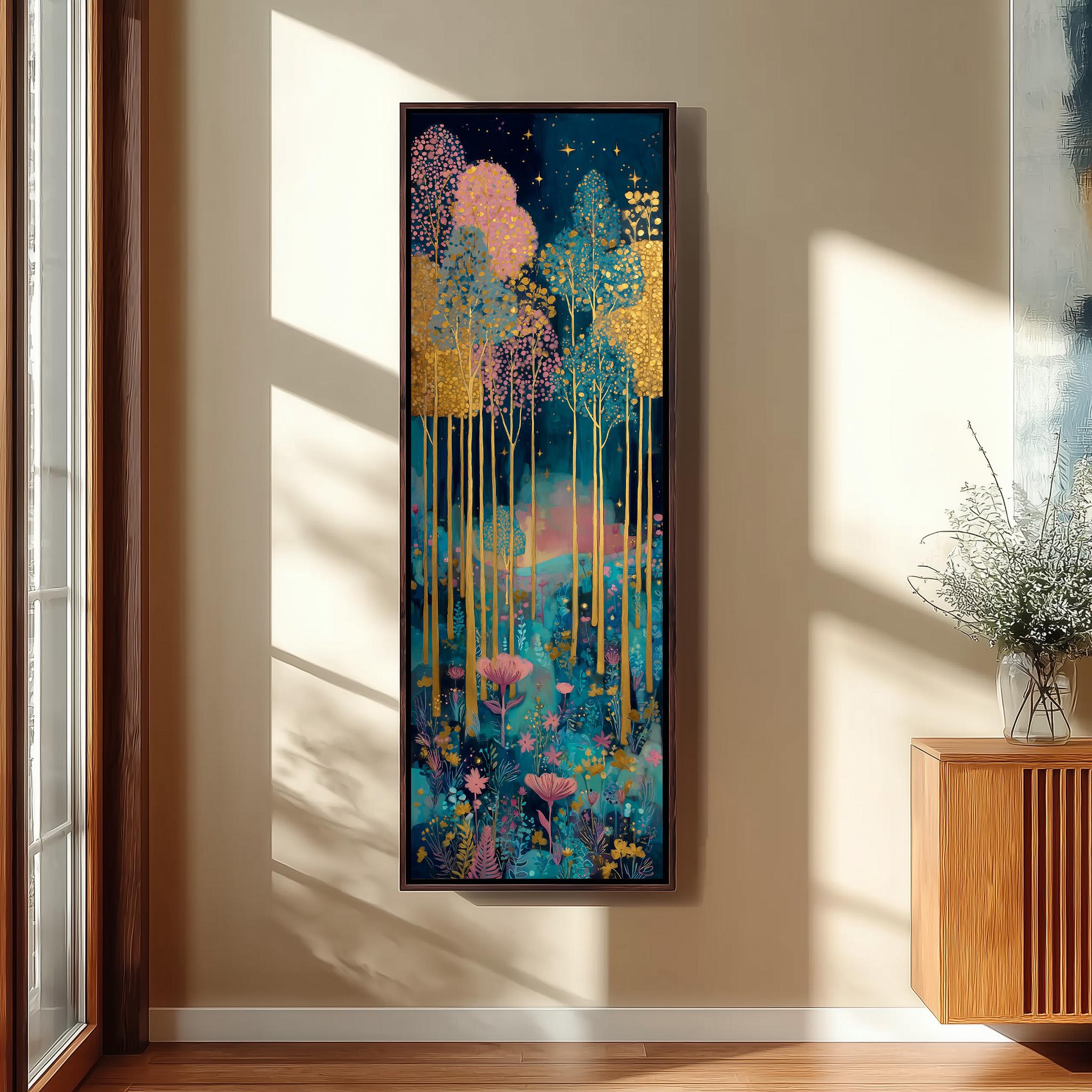 a large, colorful painting of a forest scene hanging on a wall.