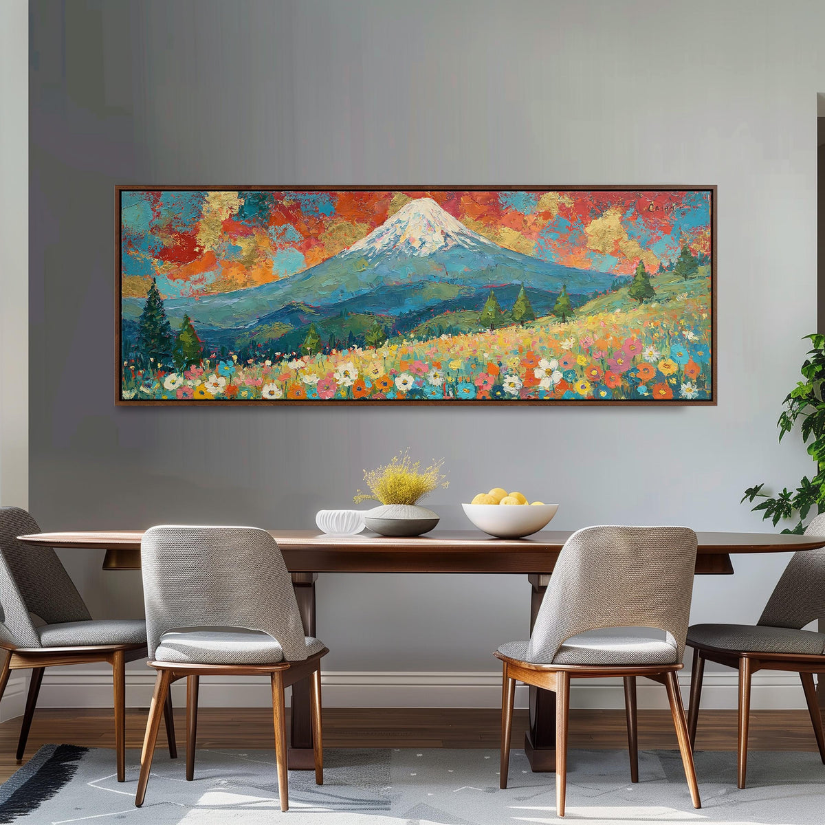 Mount Fuji under a red and gold sunset sky long horizontal canvas print above a dining table