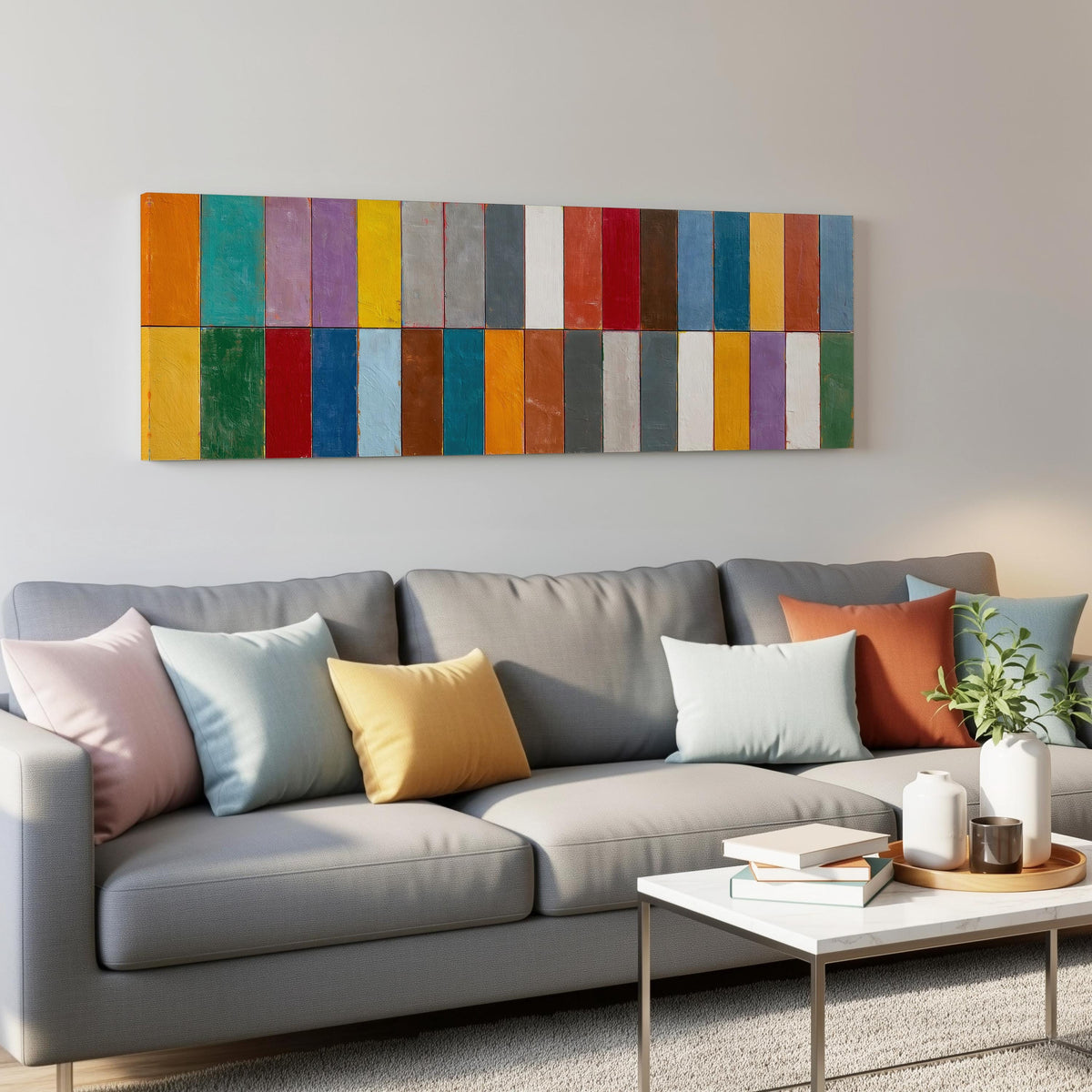 Bright color block rows panoramic canvas print above a grey sofa in a living room