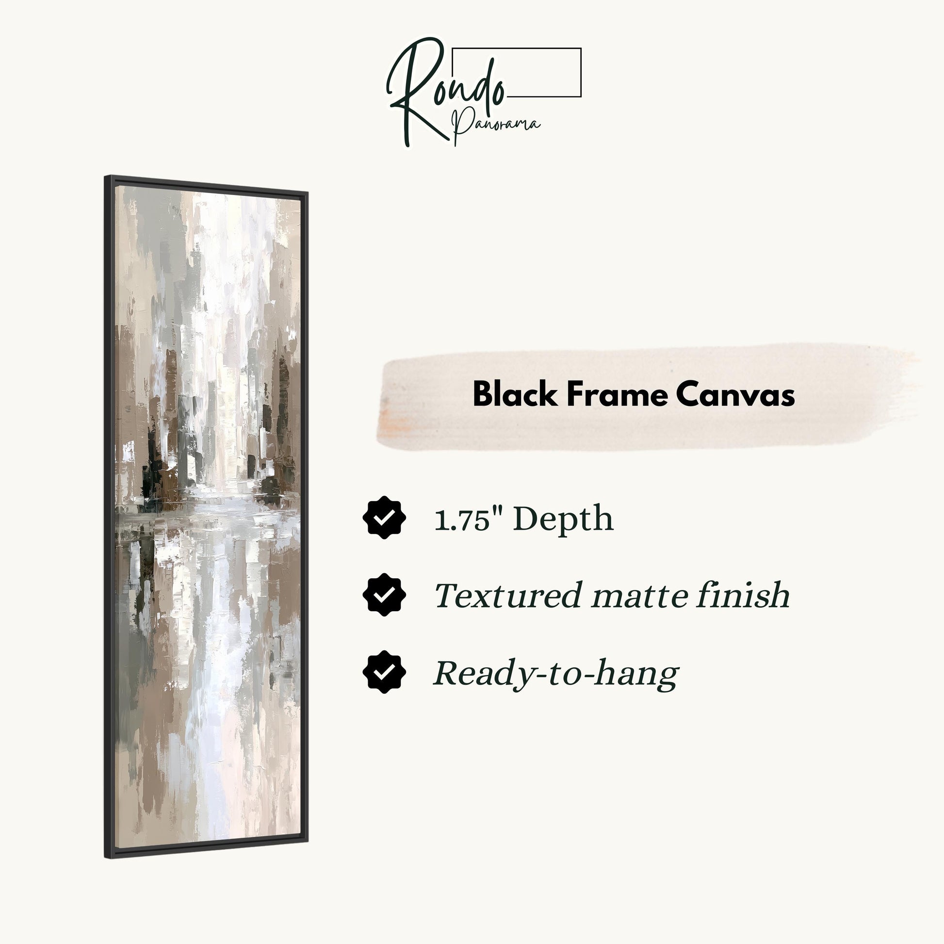The image is a product description for a black frame canvas. It features a painting of a cityscape with a textured finish and a depth of 1.75 inches. The canvas is ready to hang and has a textured matte finish.