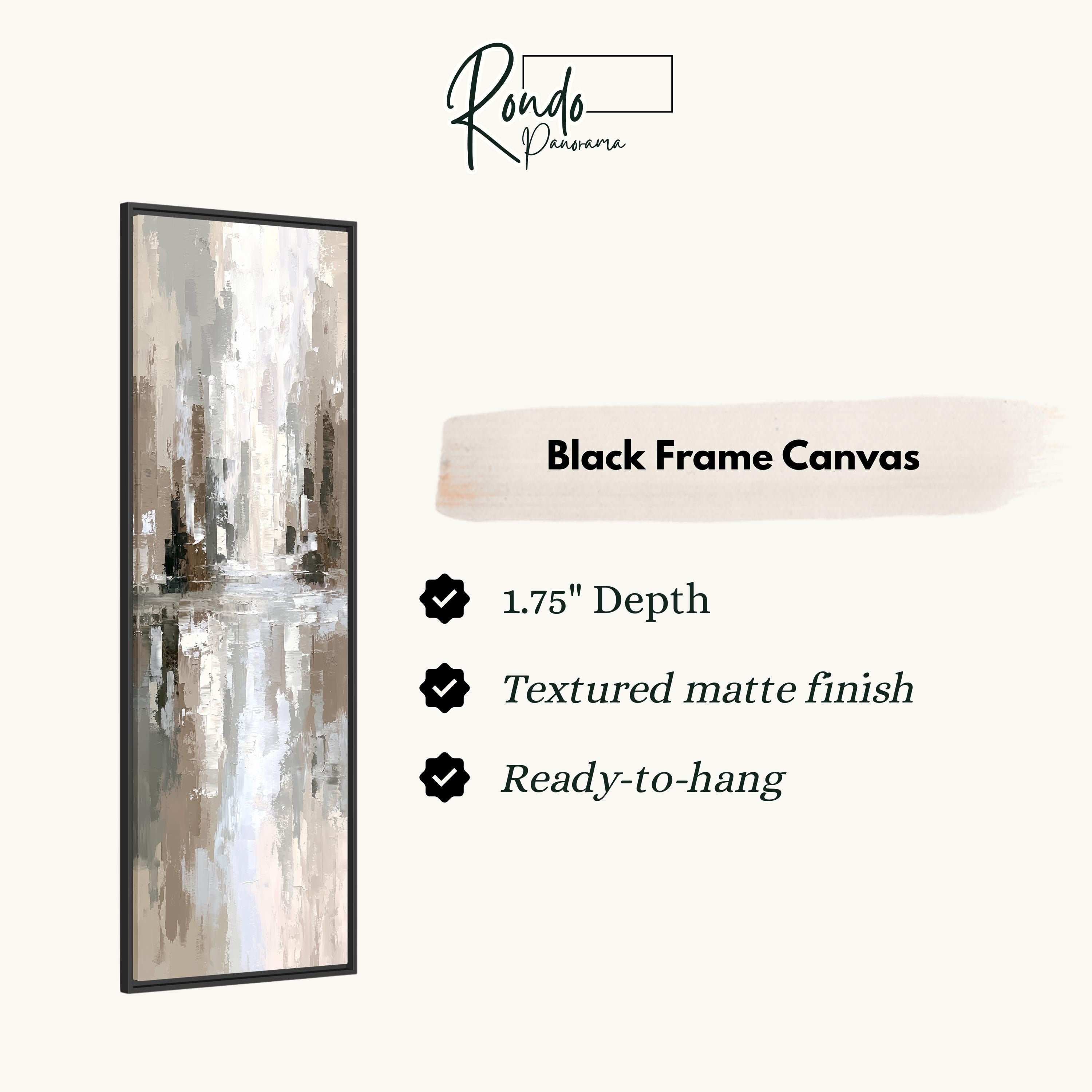 The image is a product description for a black frame canvas. It features a painting of a cityscape with a textured finish and a depth of 1.75 inches. The canvas is ready to hang and has a textured matte finish.