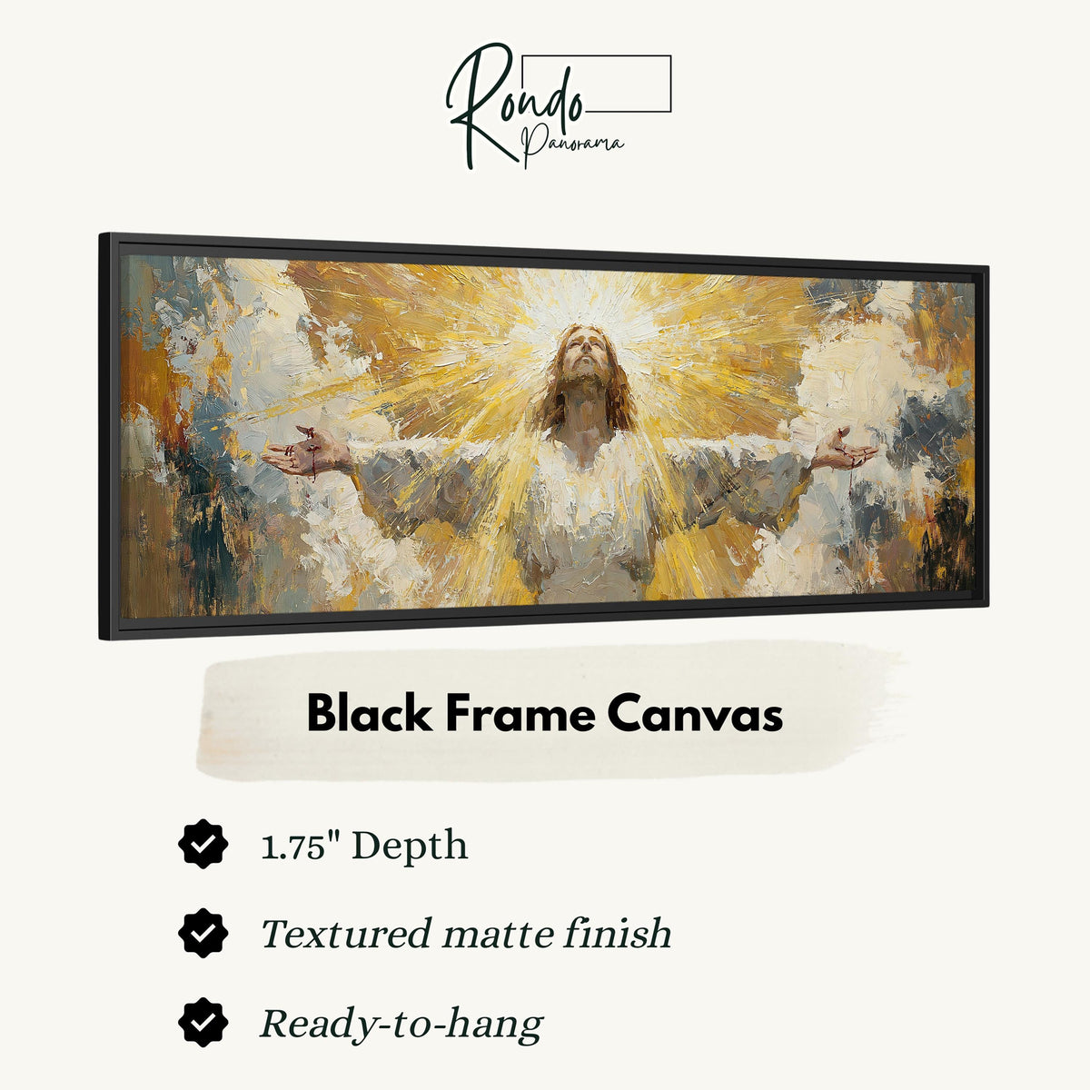 Risen Christ in golden light canvas print in a black floating frame