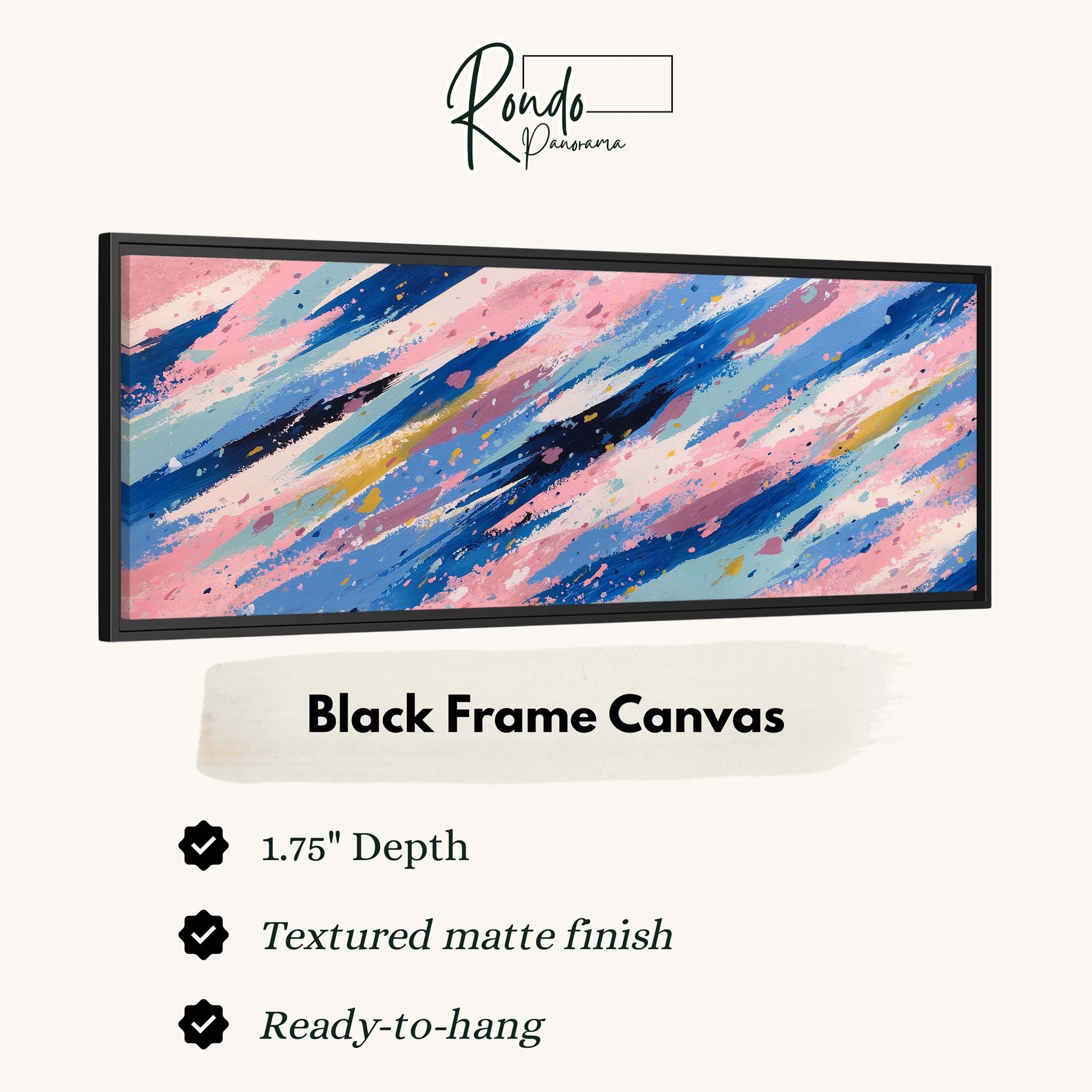 The image is a black frame canvas with a textured matte finish, measuring 1.75" in depth. It is ready to hang and has a textured matte finish.