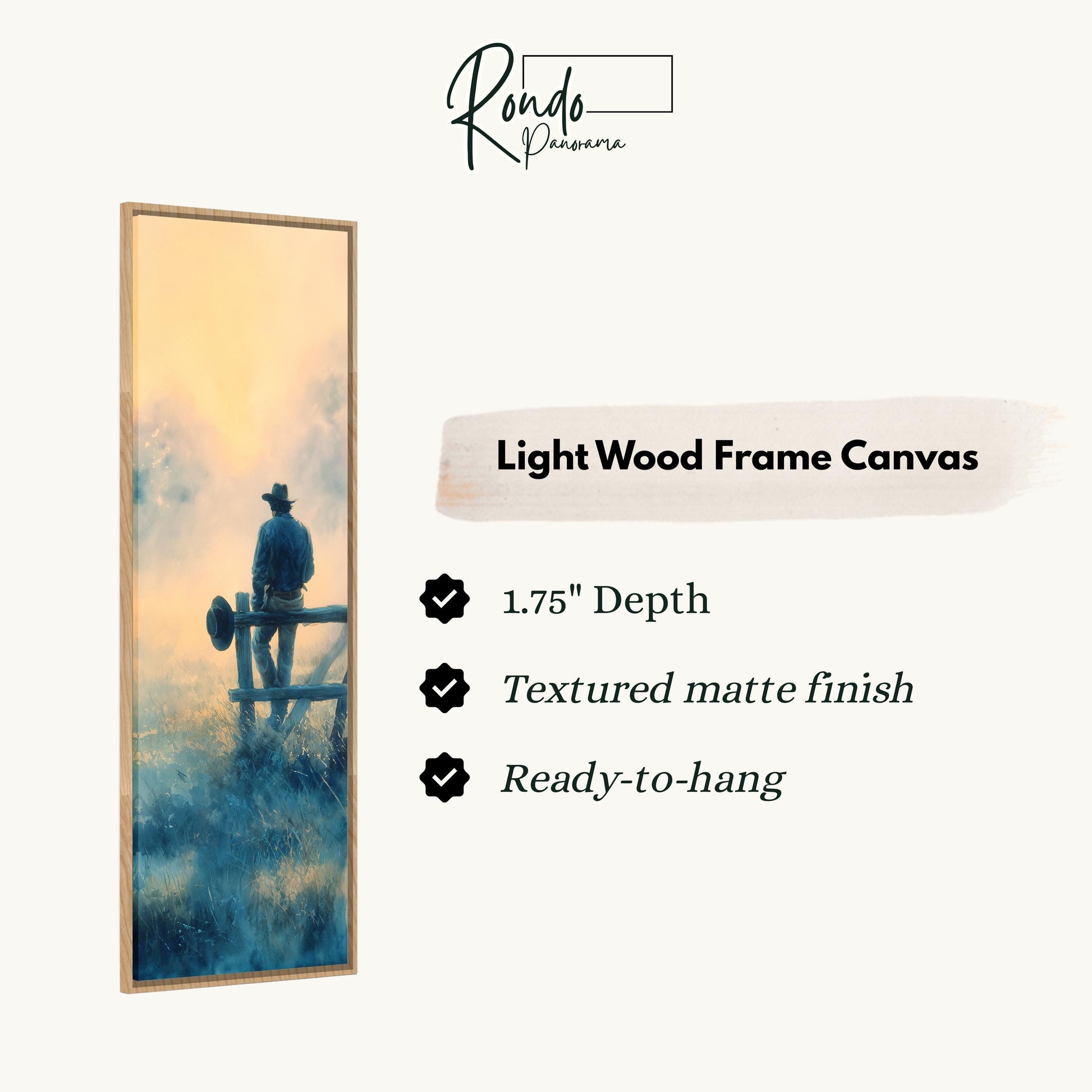 The image is a rectangular frame with a painting of a person sitting on a fence, with a text box below the frame providing information about the light wood frame canvas.