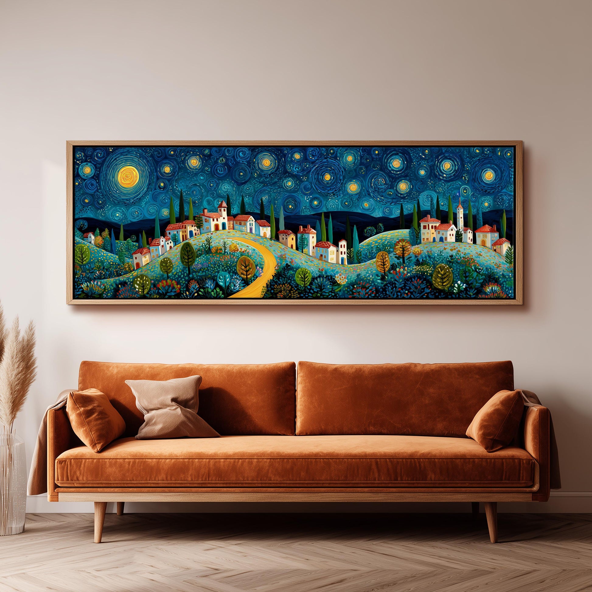 a large, colorful painting of a village scene hanging on a wall above a brown sofa.