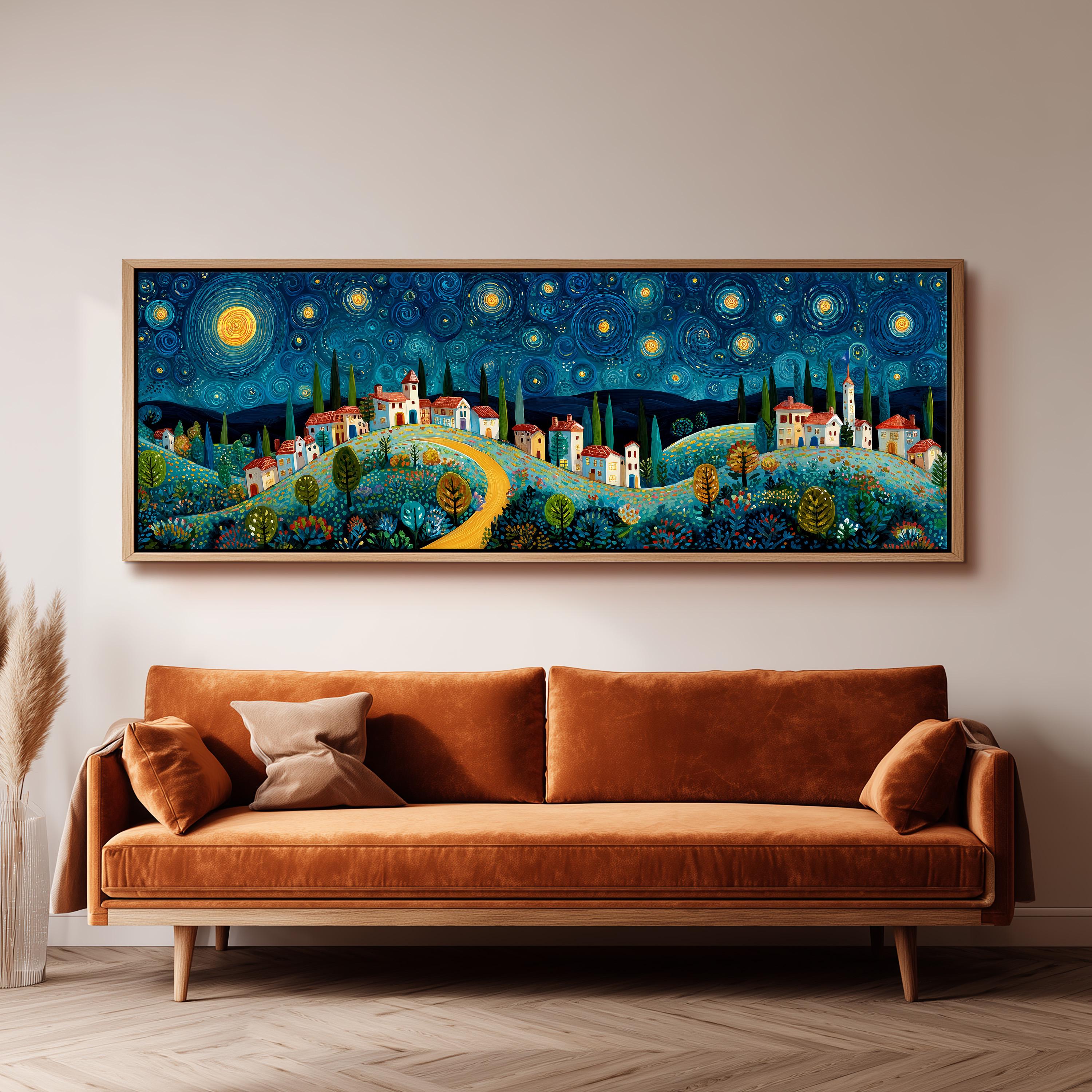 a large, colorful painting of a village scene hanging on a wall above a brown sofa.