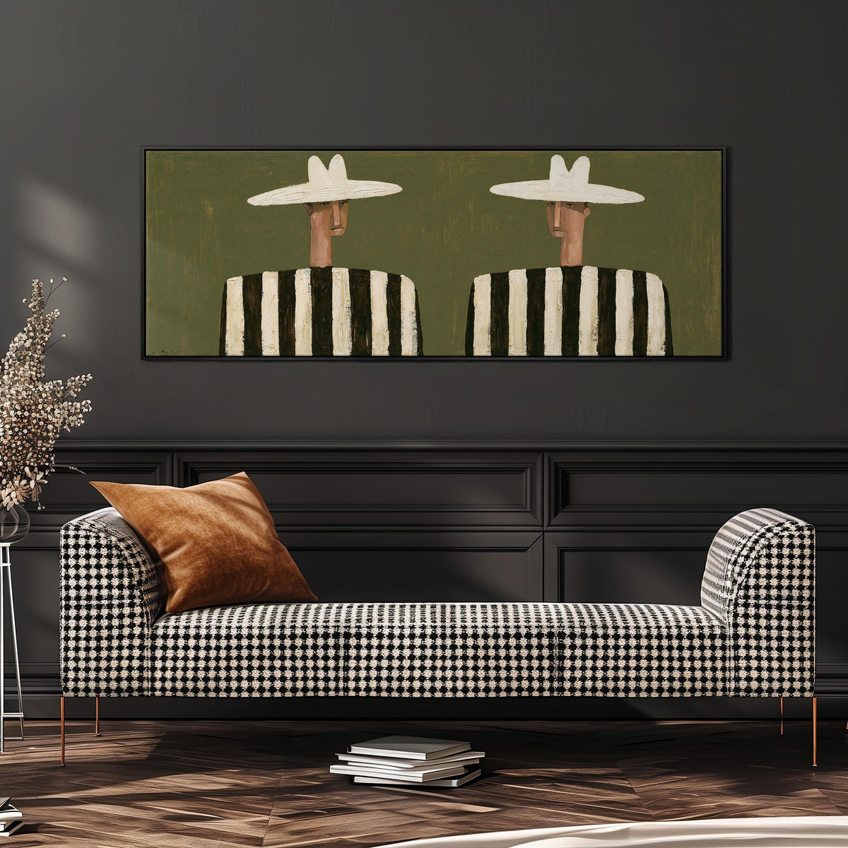 Two figures in striped shirts wide panoramic canvas print above a bench in a dark living room