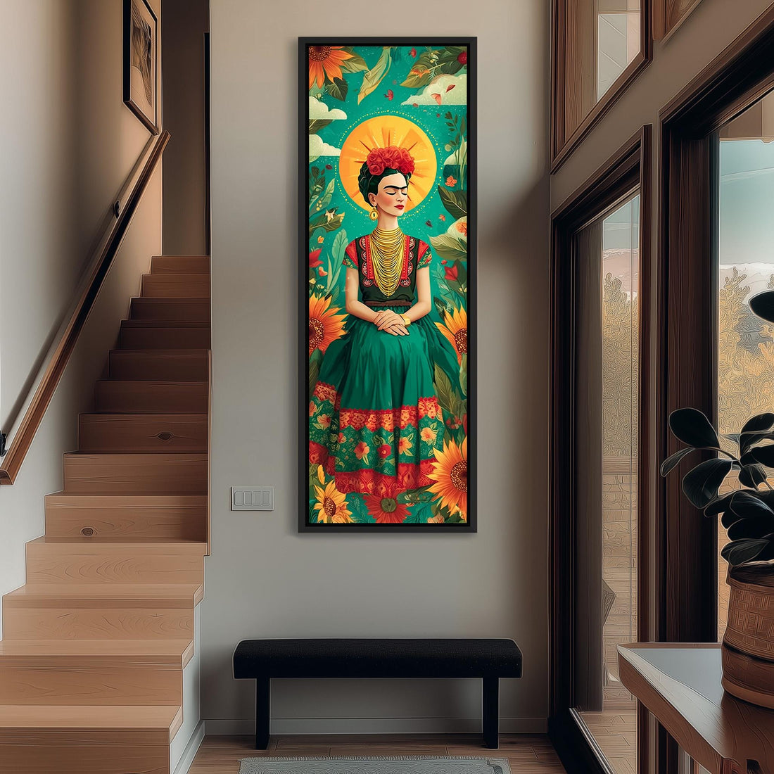 a framed painting of a woman with a green dress and a red headband, surrounded by a colorful floral background.