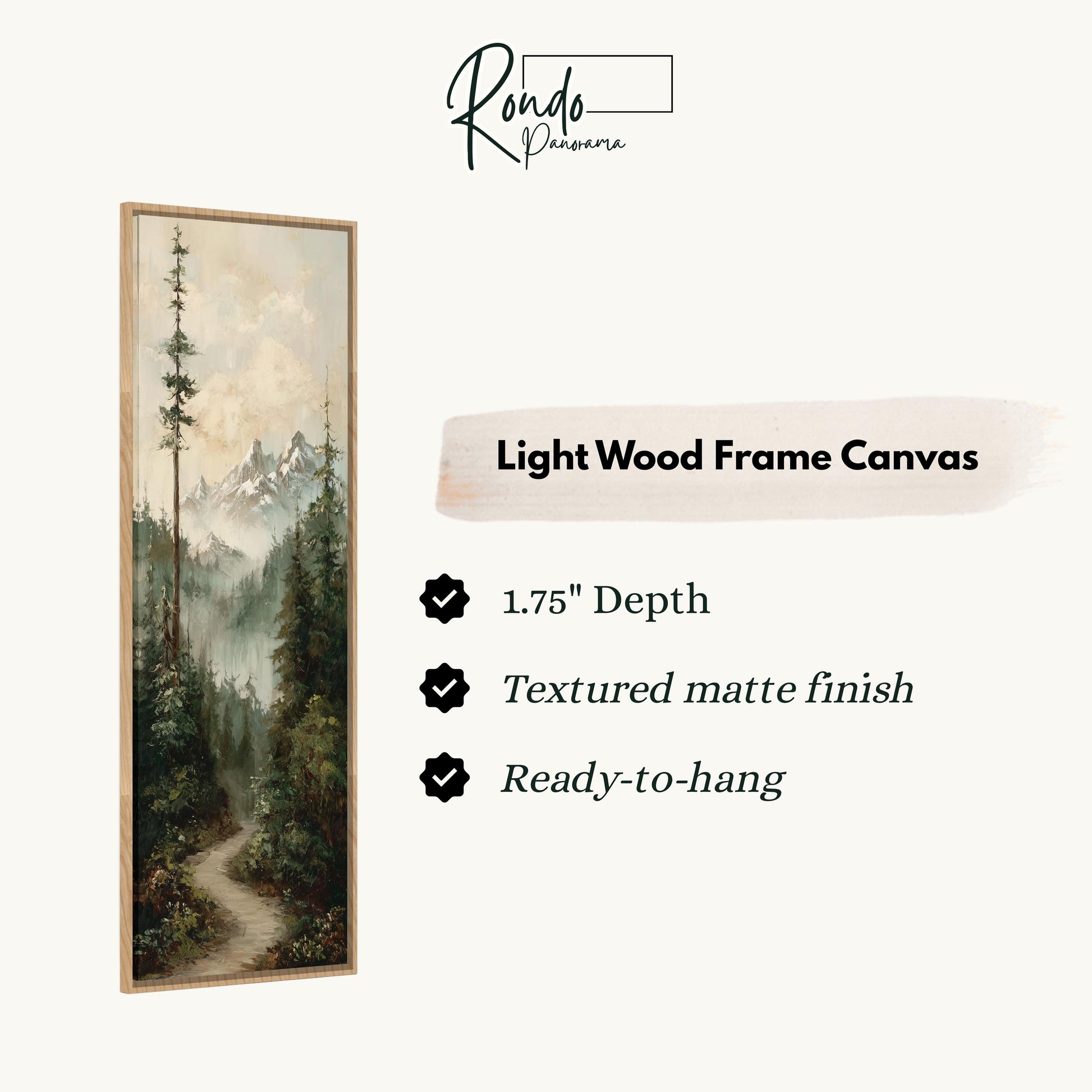 The image is a light wood frame canvas depicting a forest scene with a mountain backdrop.