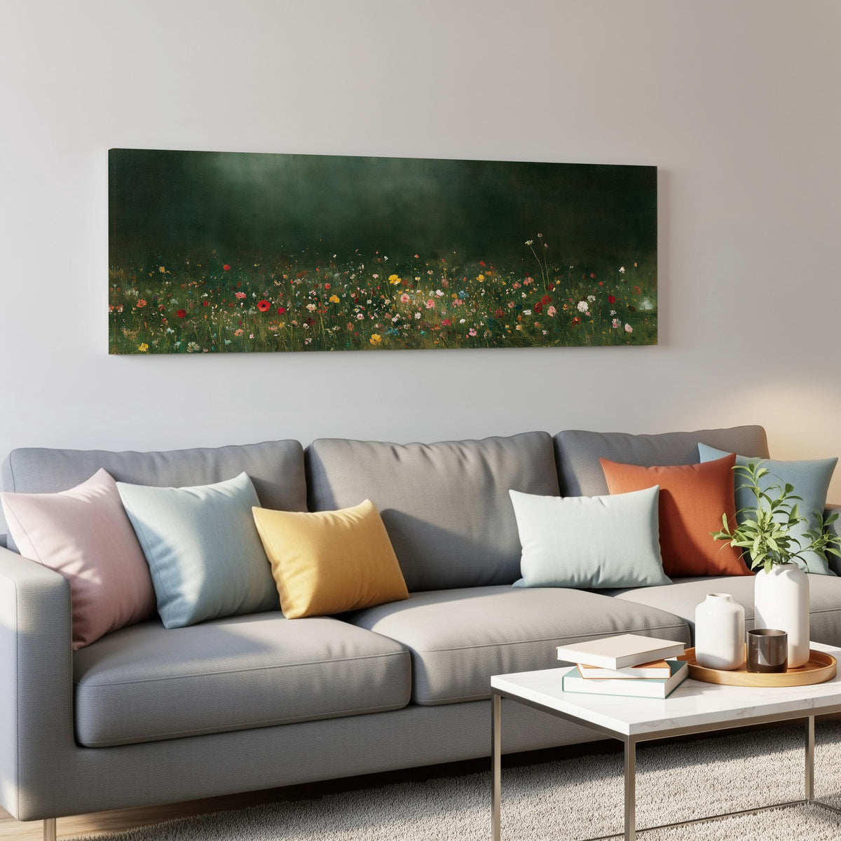 Wildflower meadow at the edge of a dark forest panoramic canvas print above a grey sofa in a living room