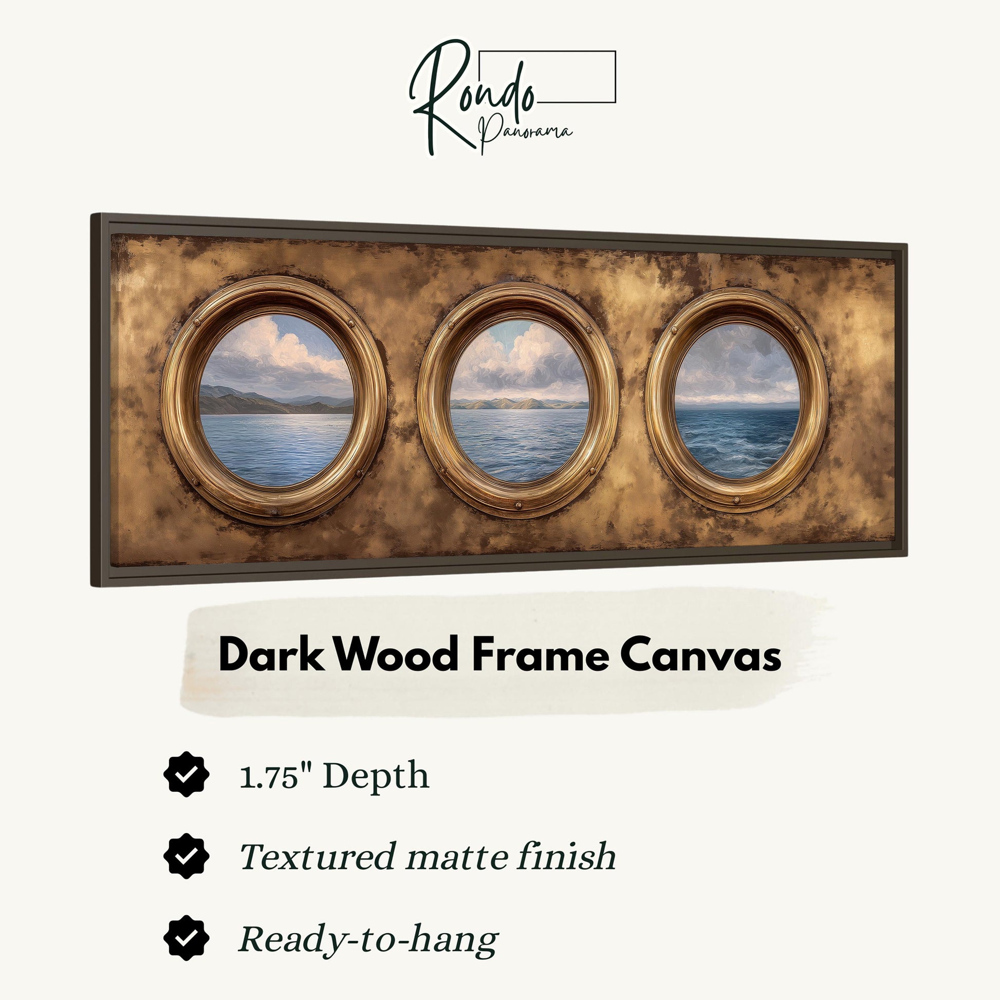 The image is a dark wood frame canvas with three circular windows, each depicting a seascape. The canvas has a 1.75" depth and is textured with a matte finish. It is ready to hang.