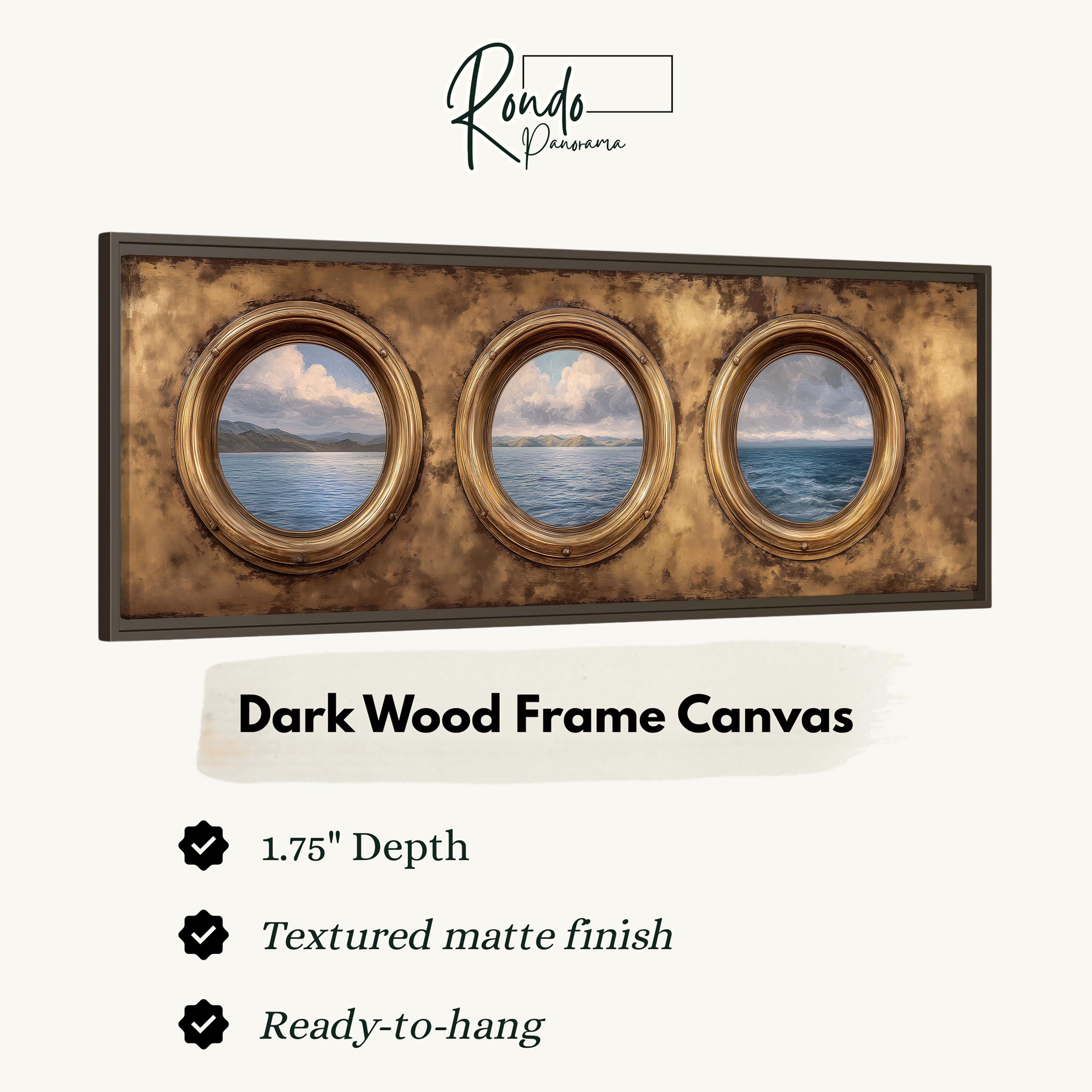The image is a dark wood frame canvas with three circular windows, each depicting a seascape. The canvas has a 1.75" depth and is textured with a matte finish. It is ready to hang.