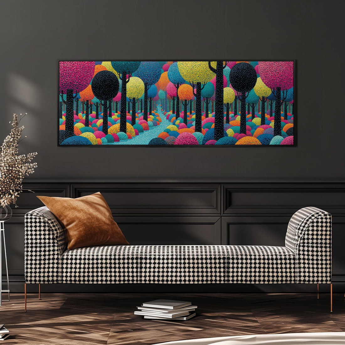 Colorful dotted forest path long horizontal canvas print above a sofa in a living room