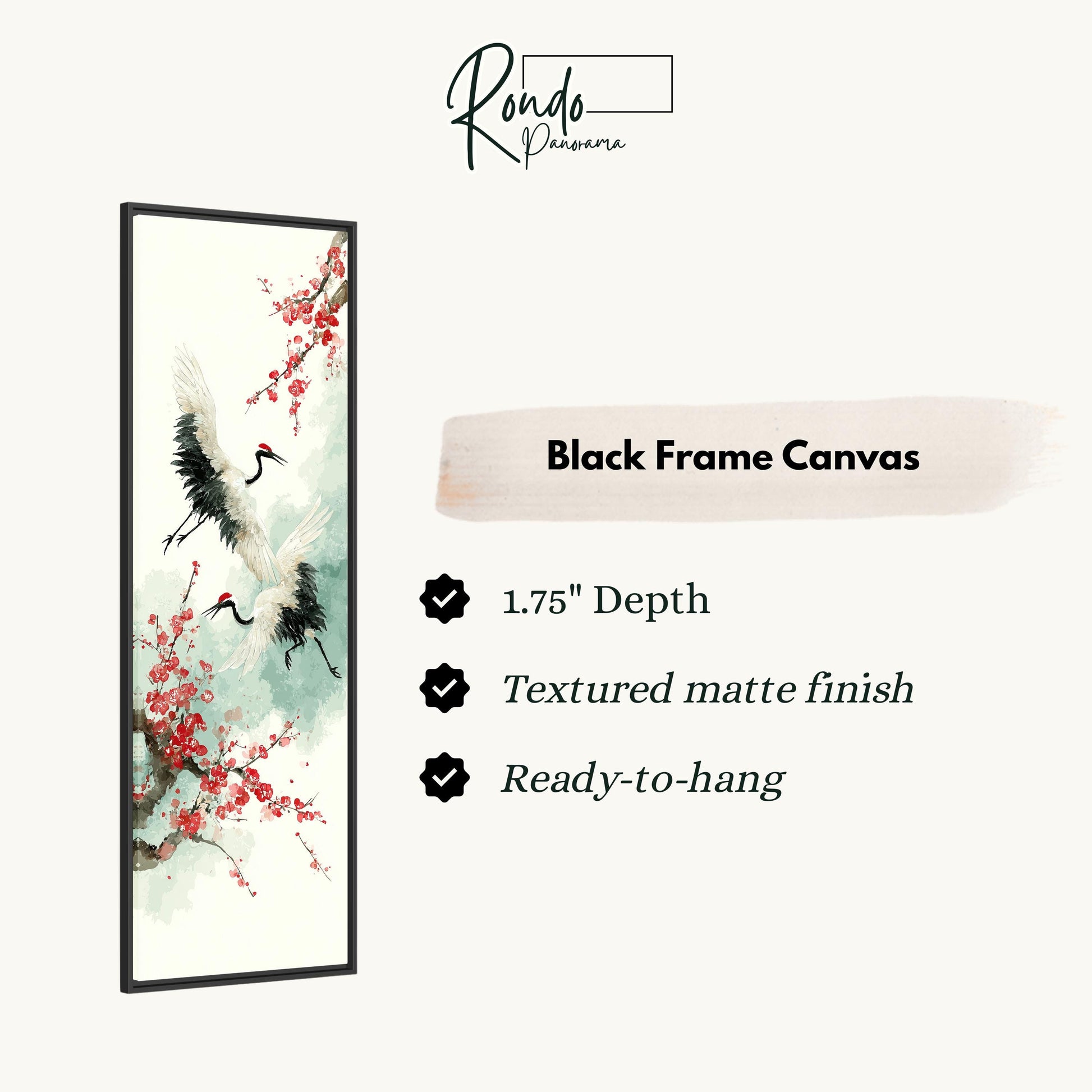 The image is a black frame canvas featuring a painting of two cranes in flight with red flowers. The canvas has a 1.75" depth, a textured matte finish, and is ready to hang.