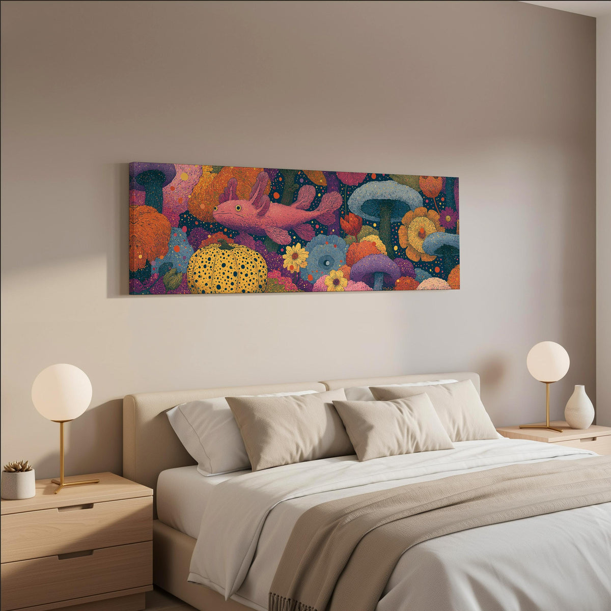 Fantasy mushrooms with a pink creature wide panoramic canvas print above a bed in a neutral bedroom