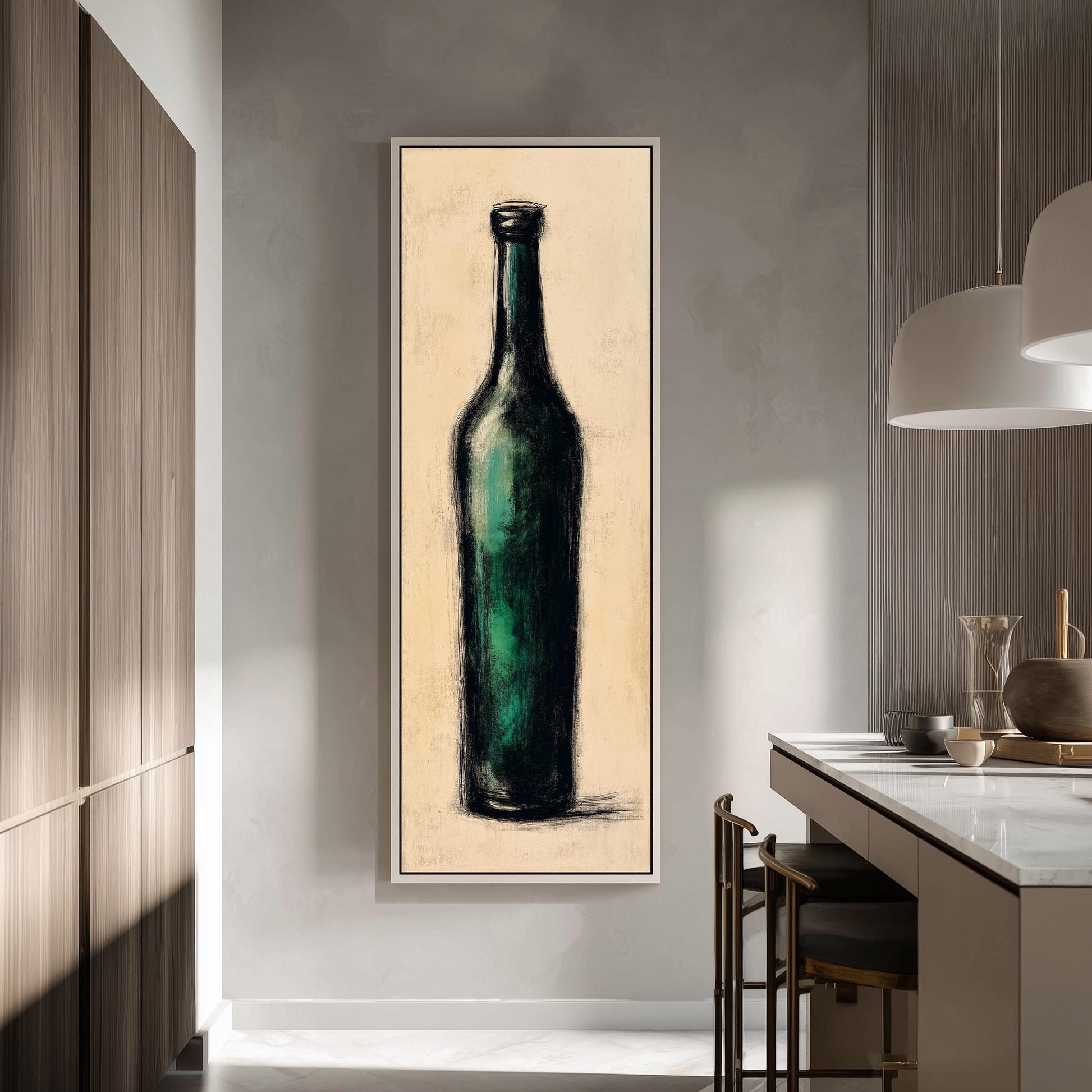 a large framed painting of a green bottle hanging on a wall in a modern kitchen.