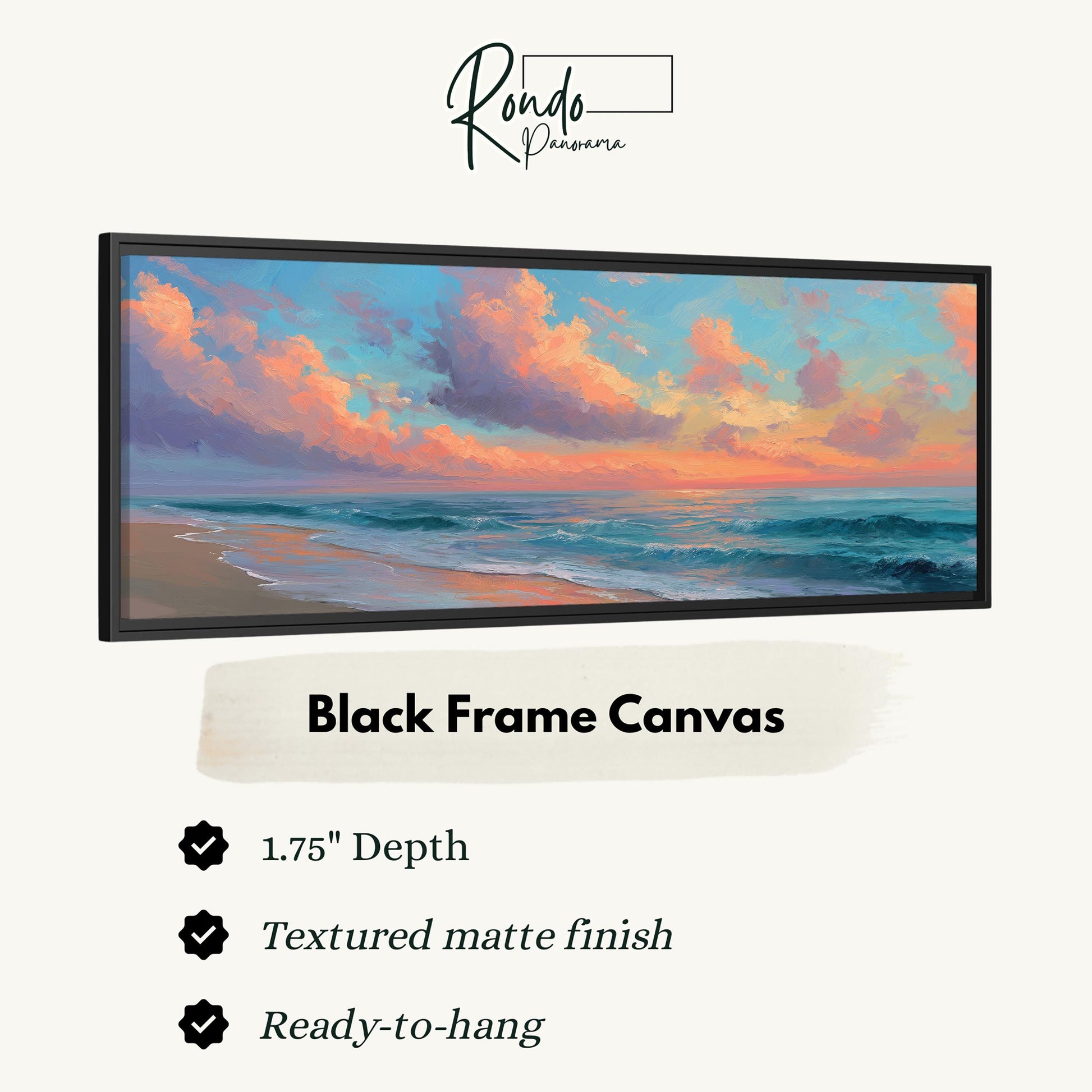 The image is a black frame canvas depicting a seascape with a sunset over the ocean.