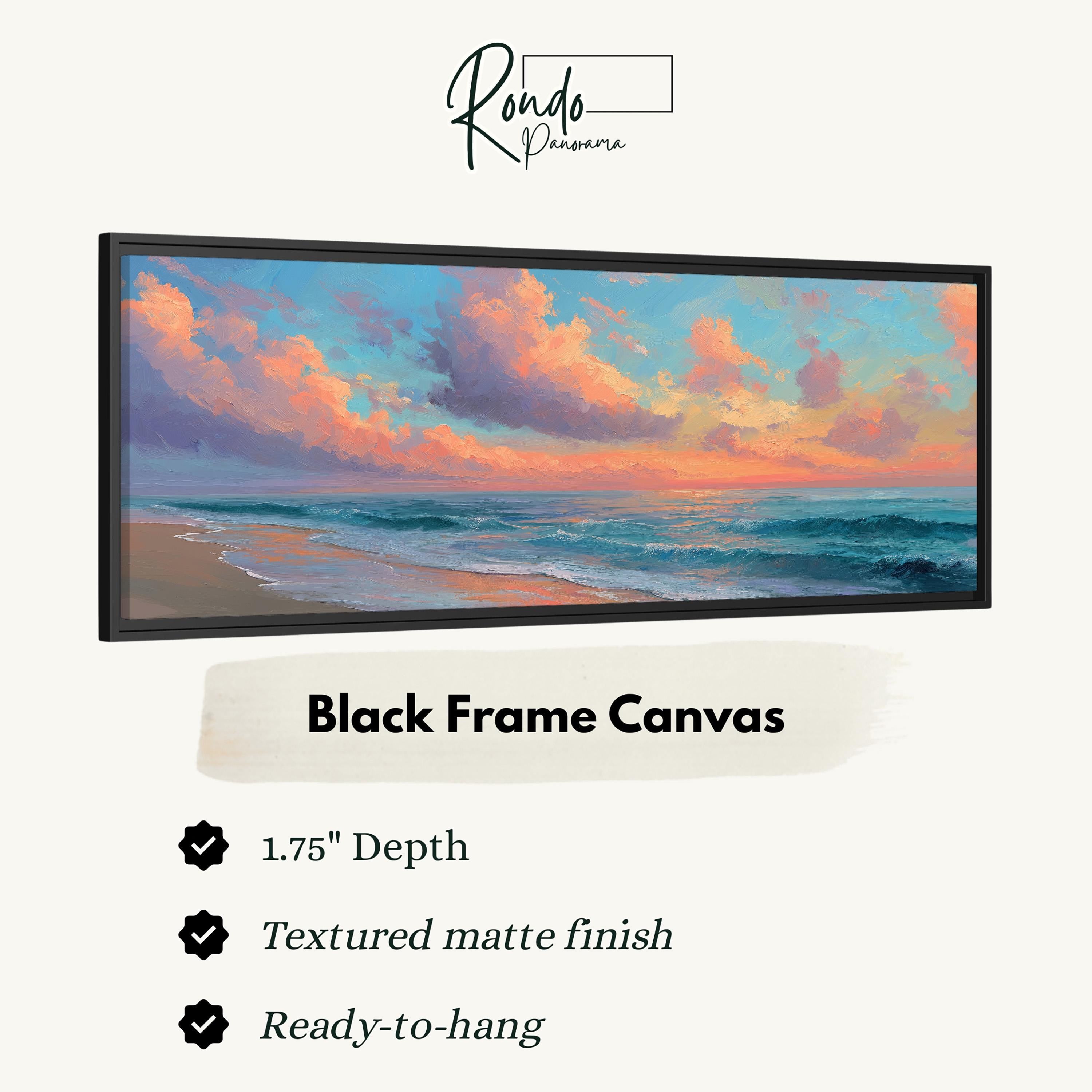 The image is a black frame canvas depicting a seascape with a sunset over the ocean.