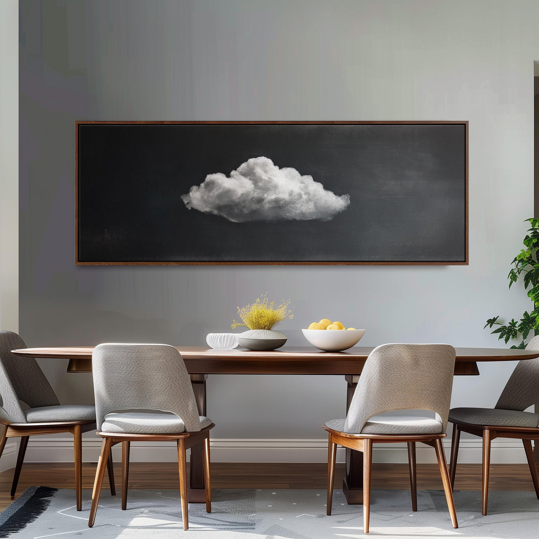 a black and white checkered sofa with a brown throw pillow, set against a dark wall with a framed image of a cloud above it.