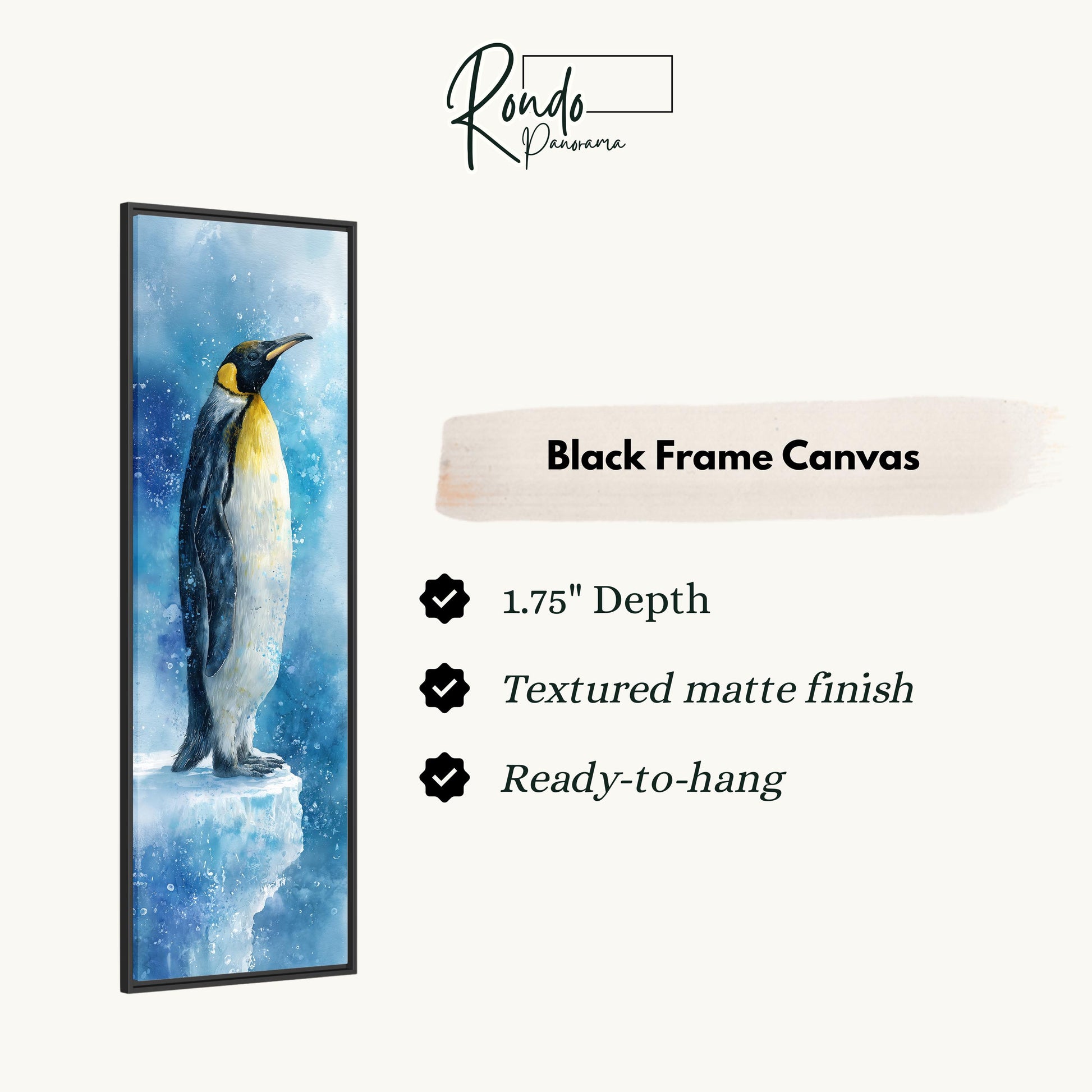 a penguin standing on a cliff, with a black frame and a text box providing information about the artwork.
