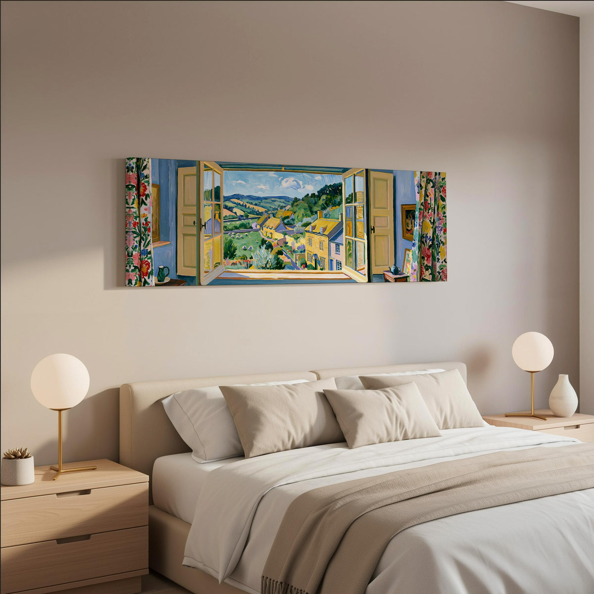 English countryside village through a window wide panoramic canvas print above a bed in a neutral bedroom