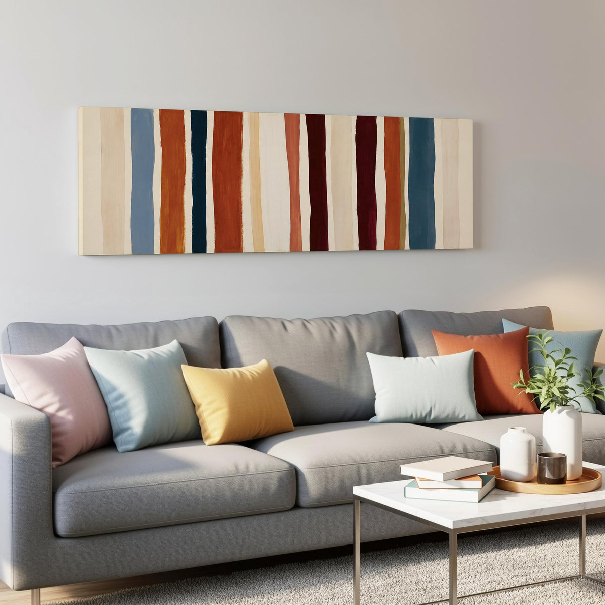 Rust, navy and maroon stripes panoramic canvas print above a grey sofa in a living room
