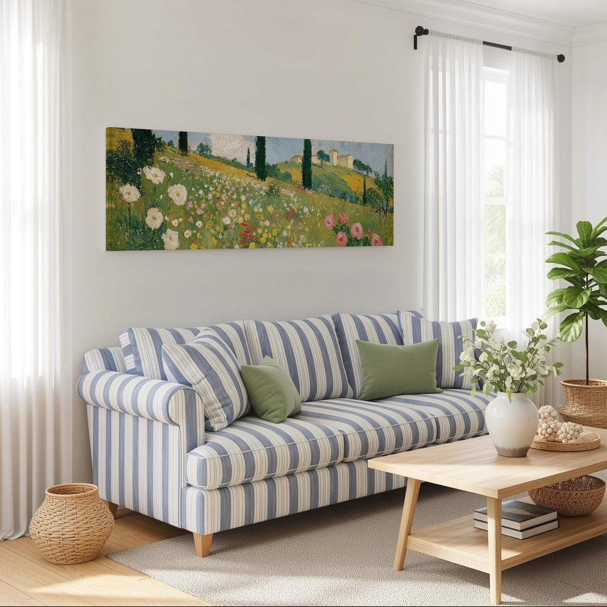Tuscan wildflower hillside with cypress trees long horizontal canvas print above a striped sofa in a coastal living room