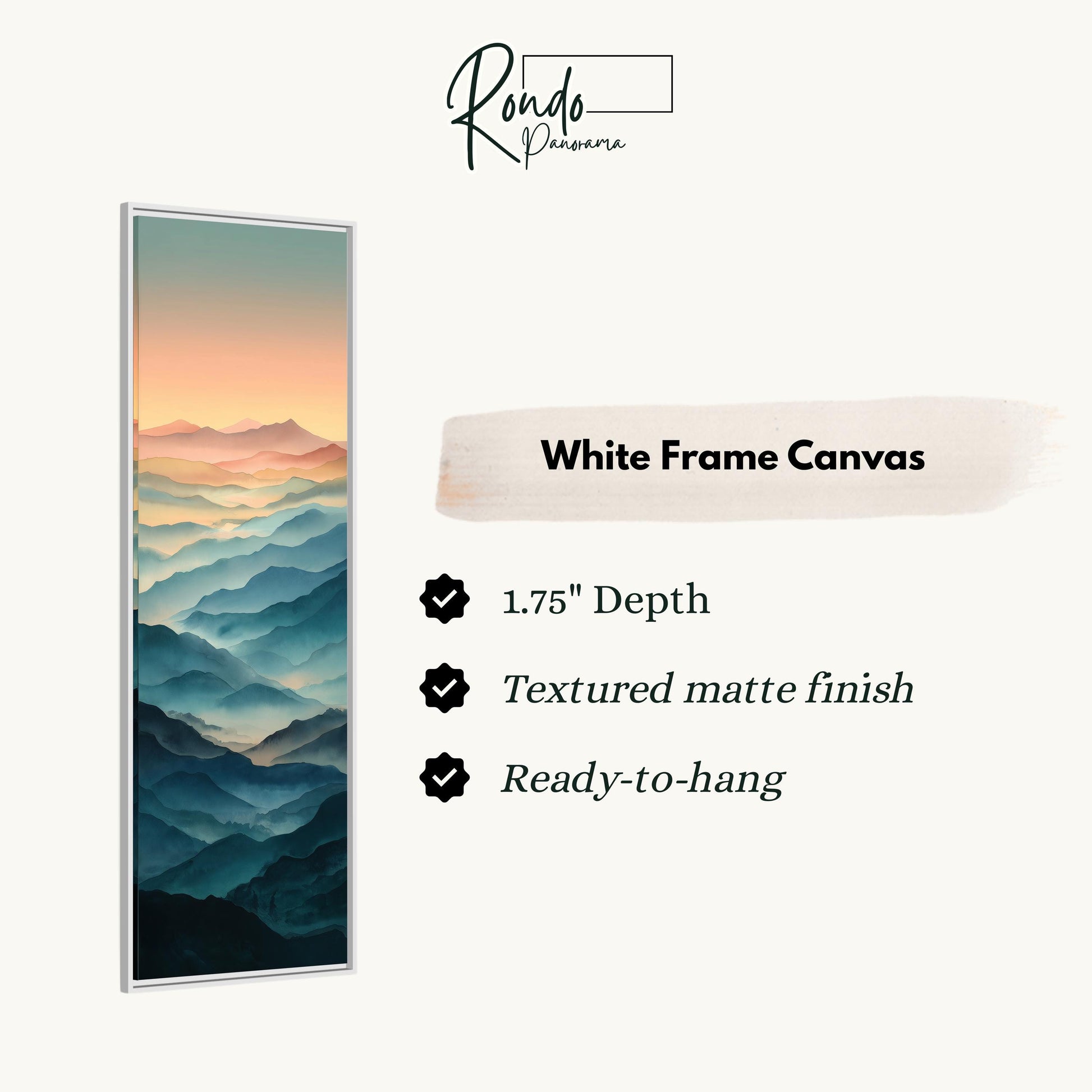 The image is a white frame canvas depicting a landscape with mountains and a sunset.