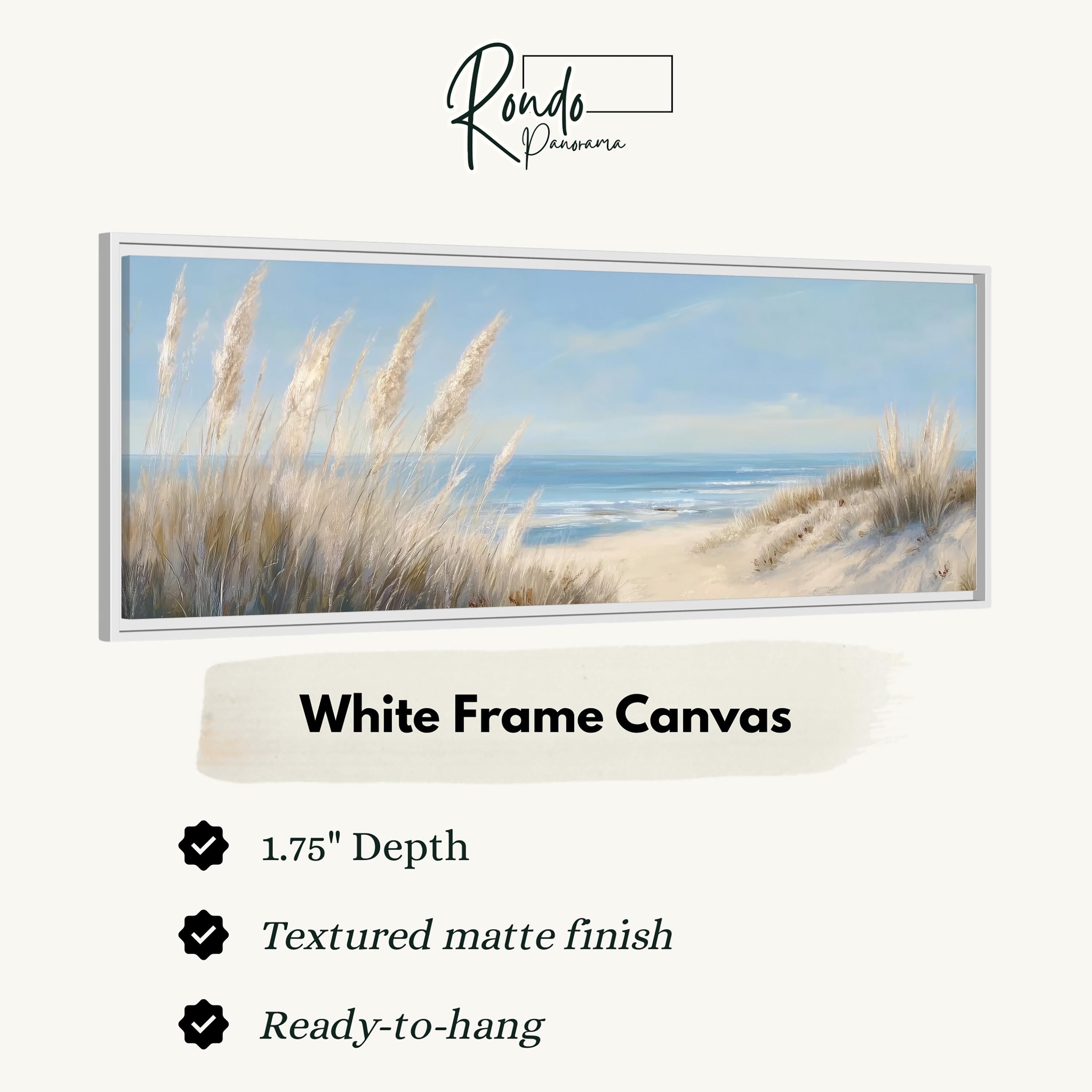 The image is a white frame canvas depicting a beach scene with tall grasses and a sandy beach.