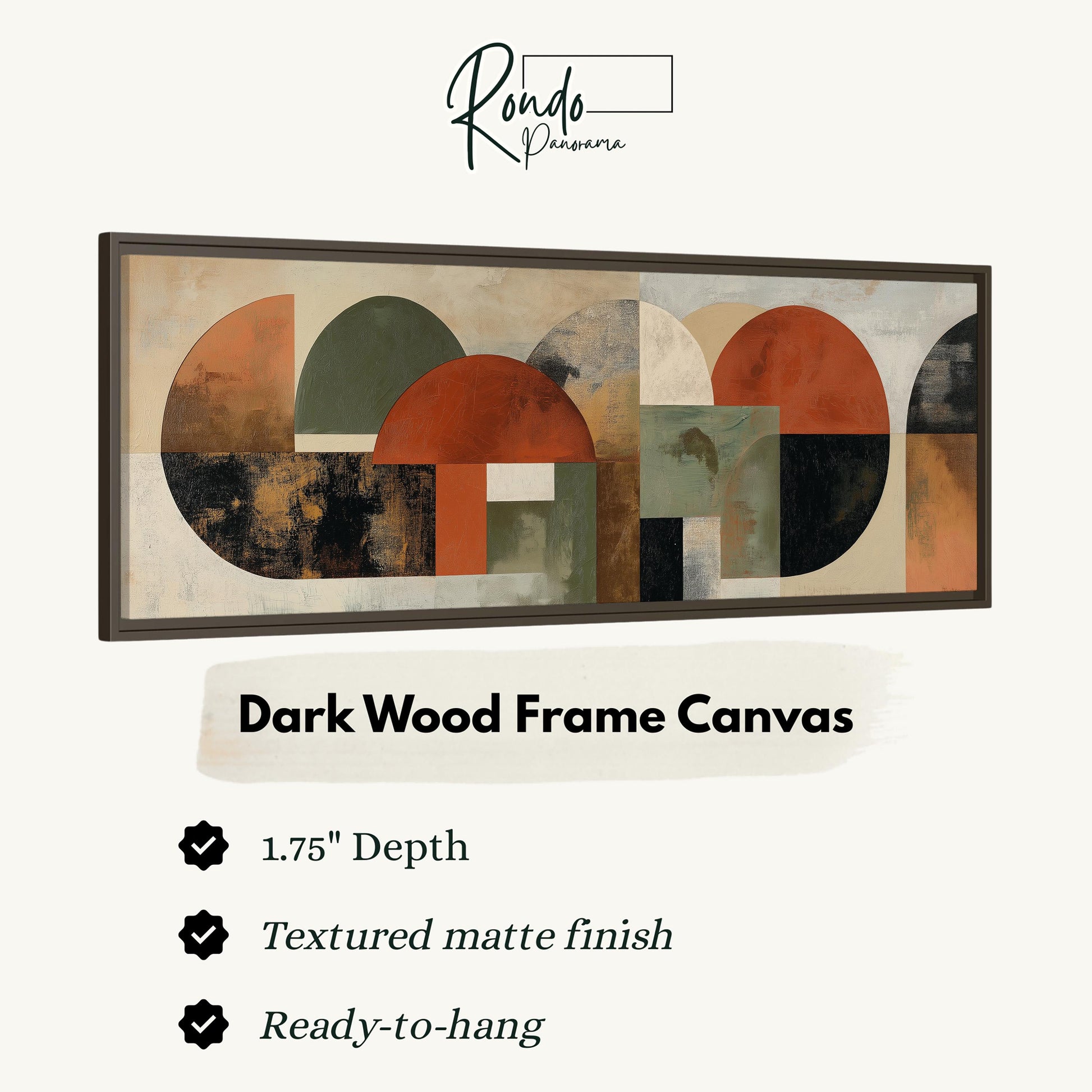 The image is a product advertisement for a dark wood frame canvas. It features a large abstract painting with various shapes and colors, and provides information about the dimensions, finish, and hanging options of the canvas.