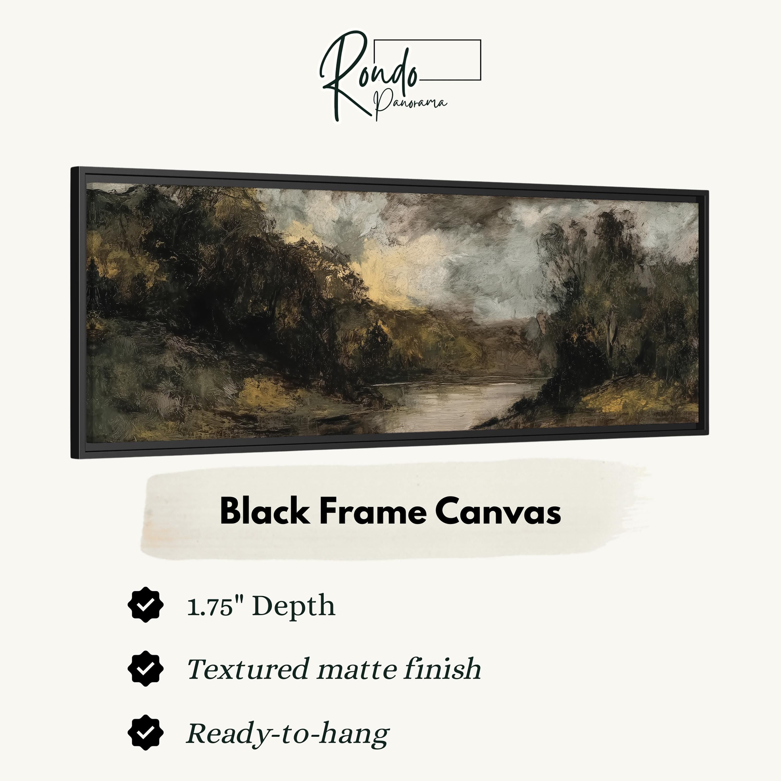 The image is a black frame canvas depicting a landscape with a river and trees.