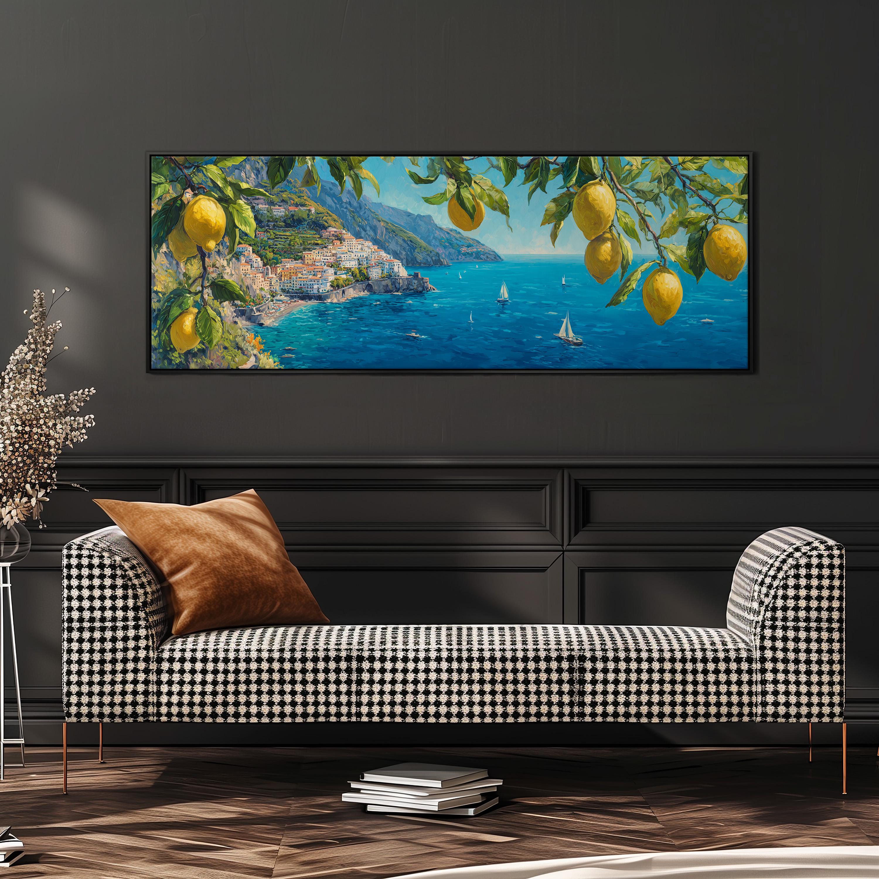 a large painting of a coastal scene with lemon trees and boats in the background, hanging on a wall above a black and white checkered sofa.