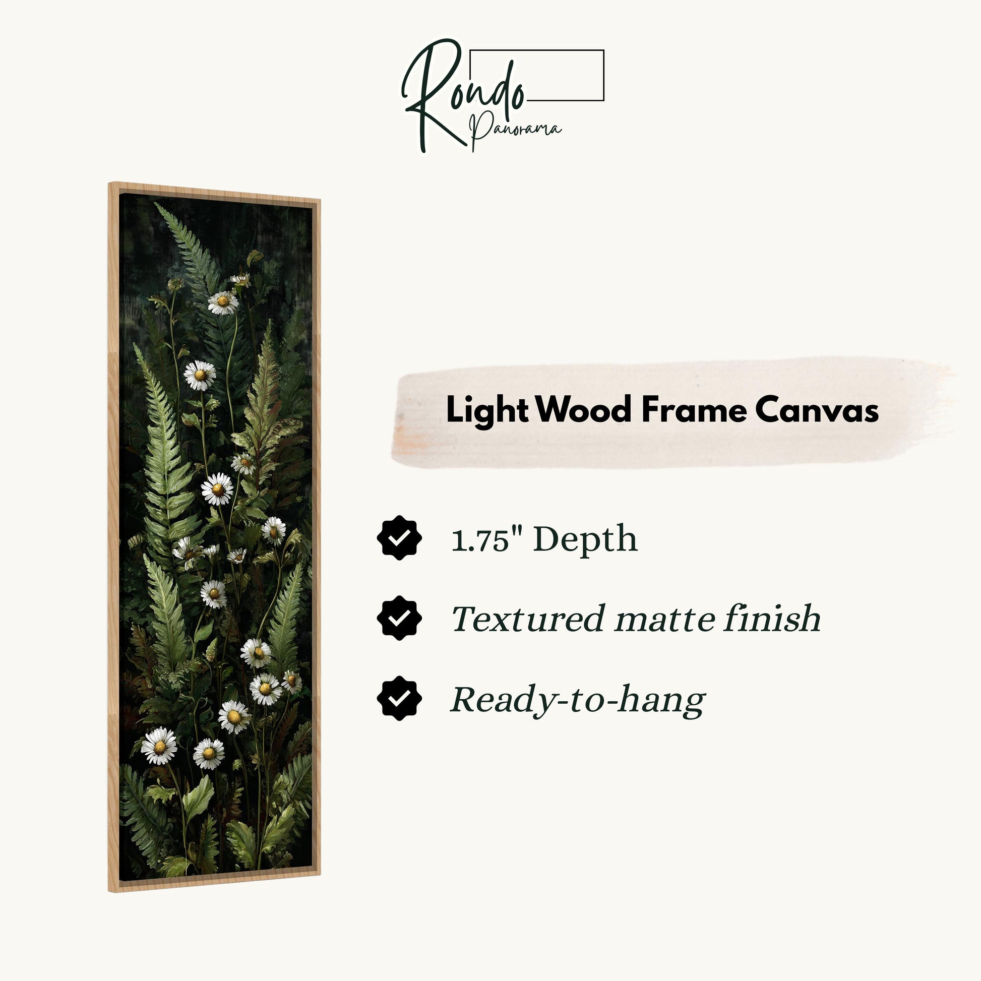 The image is a vertical wooden frame canvas with a painting of green ferns and white daisies.