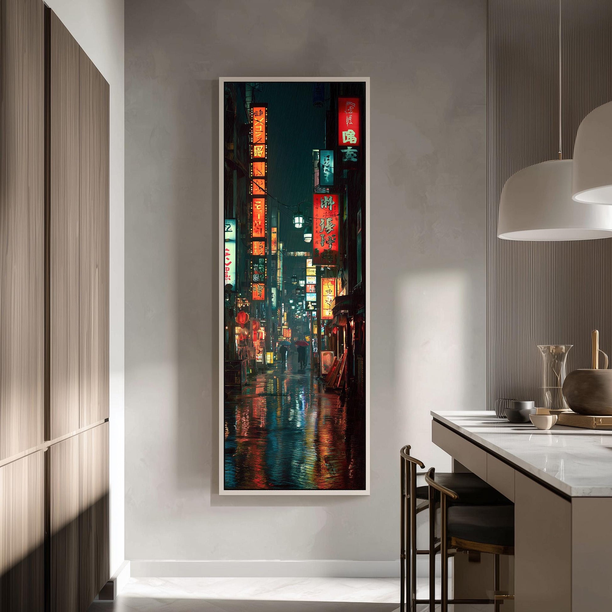 a vibrant city street at night, with colorful neon signs and lights illuminating the scene.