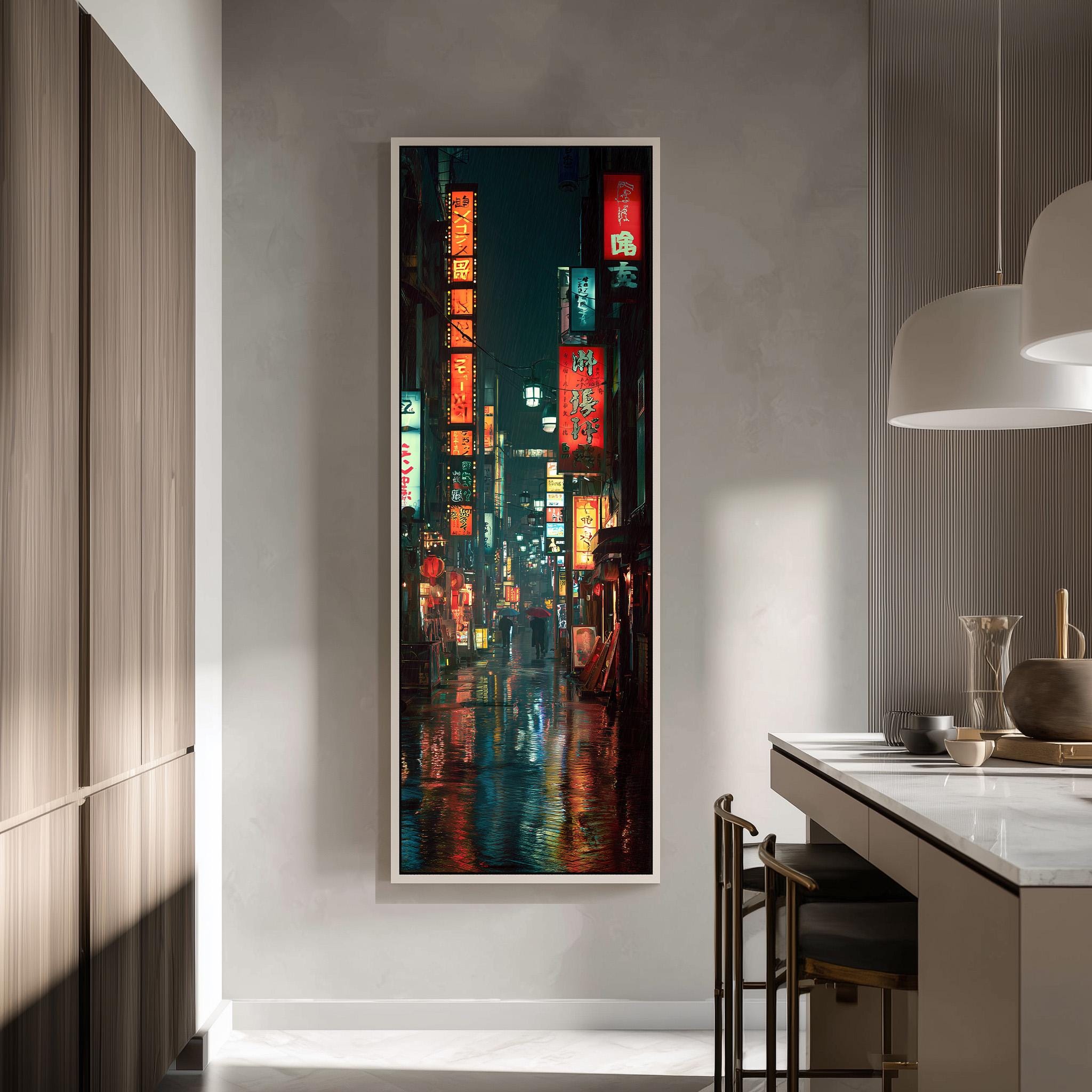 a vibrant city street at night, with colorful neon signs and lights illuminating the scene.
