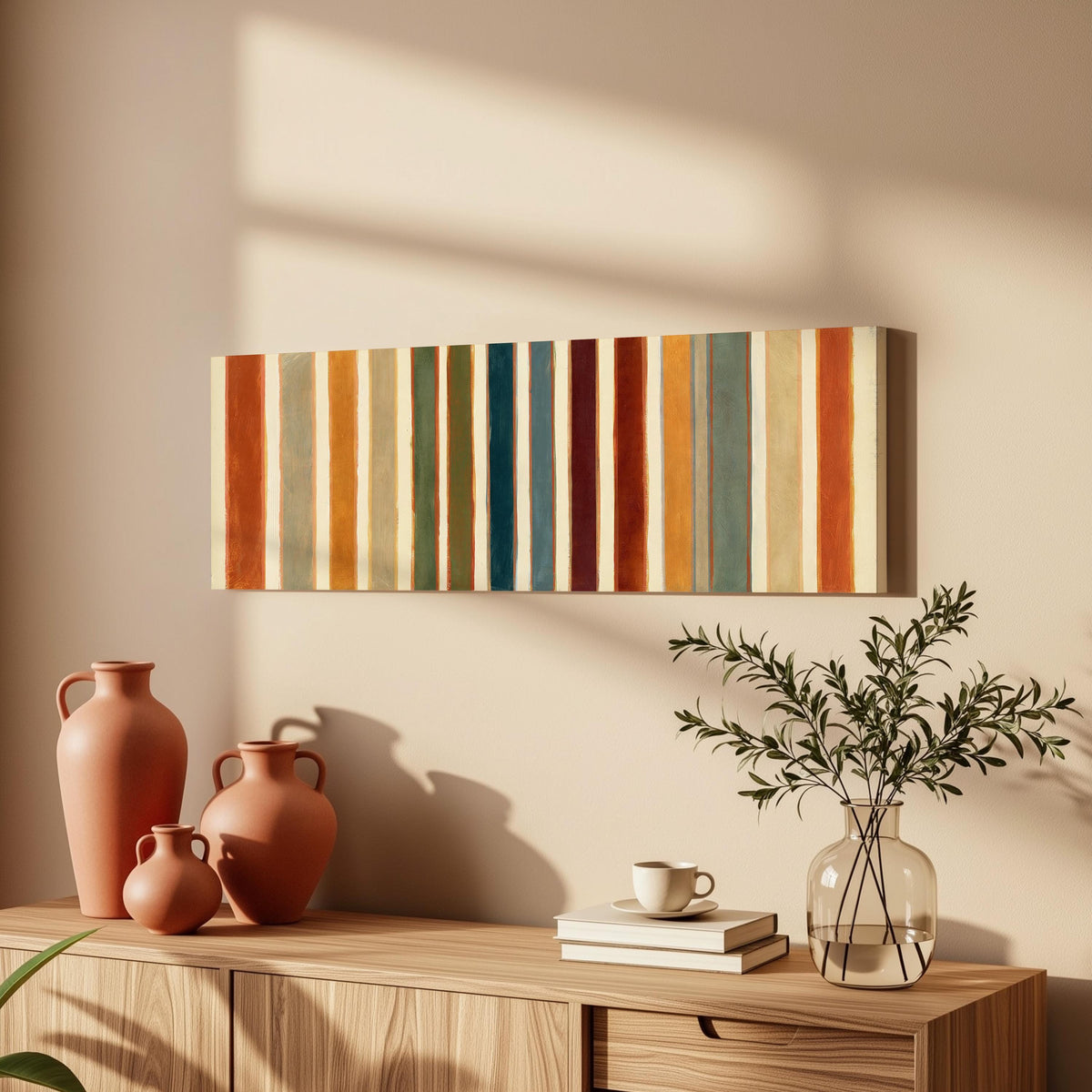 Rust, sage, maroon and teal stripes long horizontal canvas print above a wooden sideboard