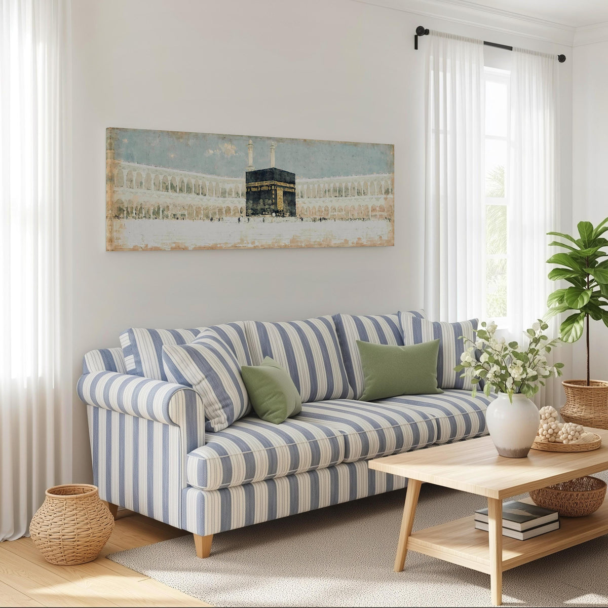 The Kaaba in the Grand Mosque courtyard long horizontal canvas print above a striped sofa in a coastal living room
