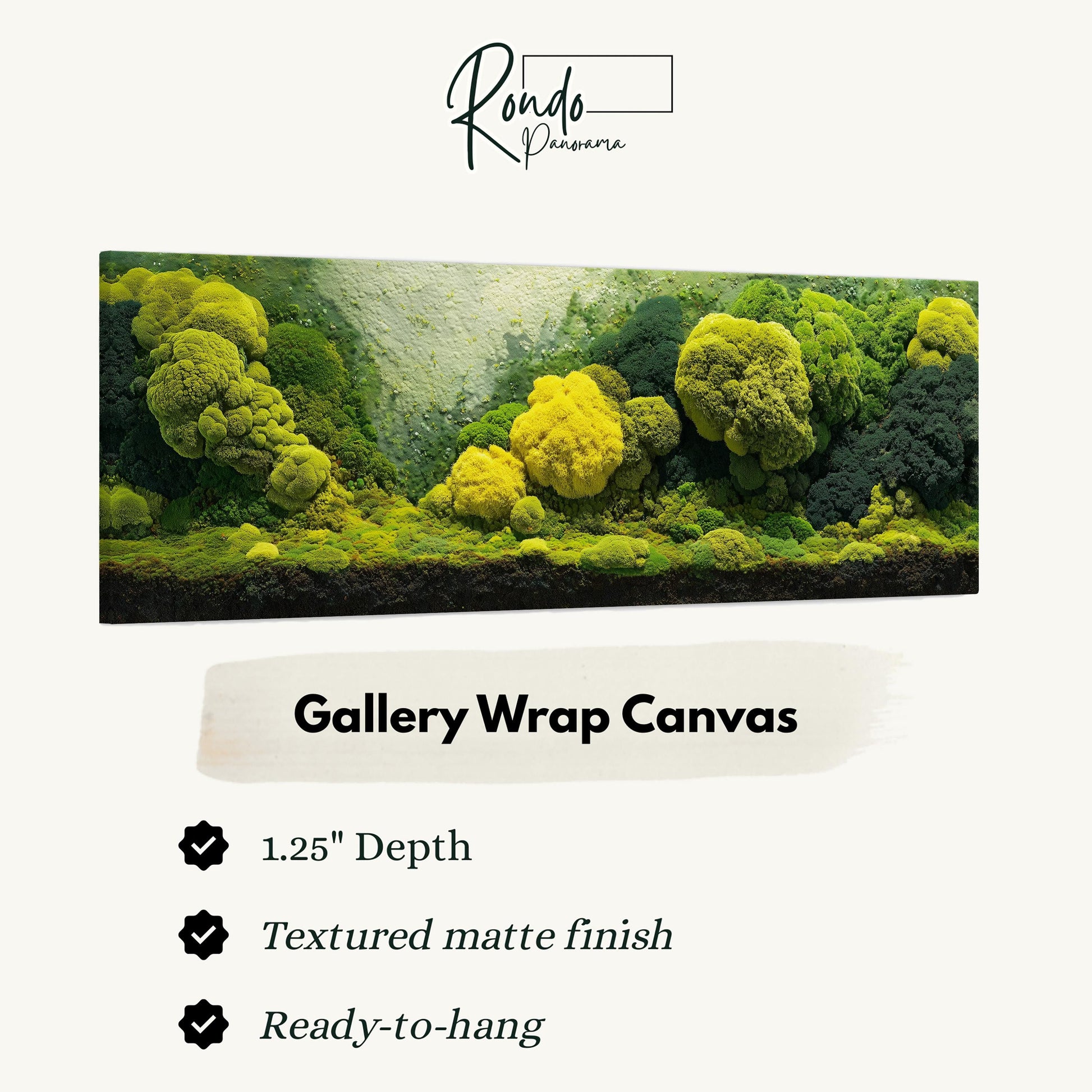 The image is a gallery wrap canvas featuring a lush, green mossy landscape with a variety of plants and trees.