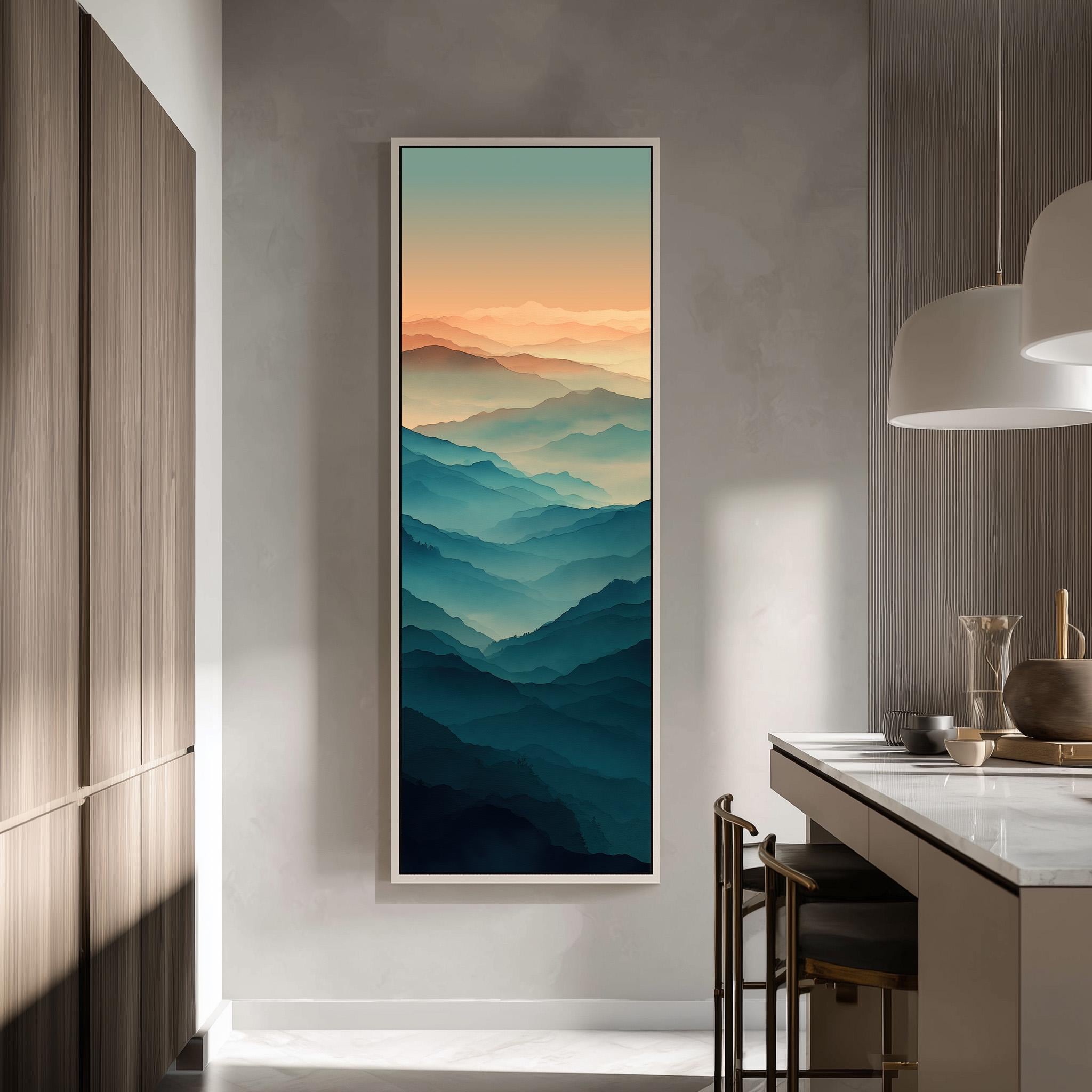 a large framed painting of a mountain landscape hanging on a wall in a modern kitchen.