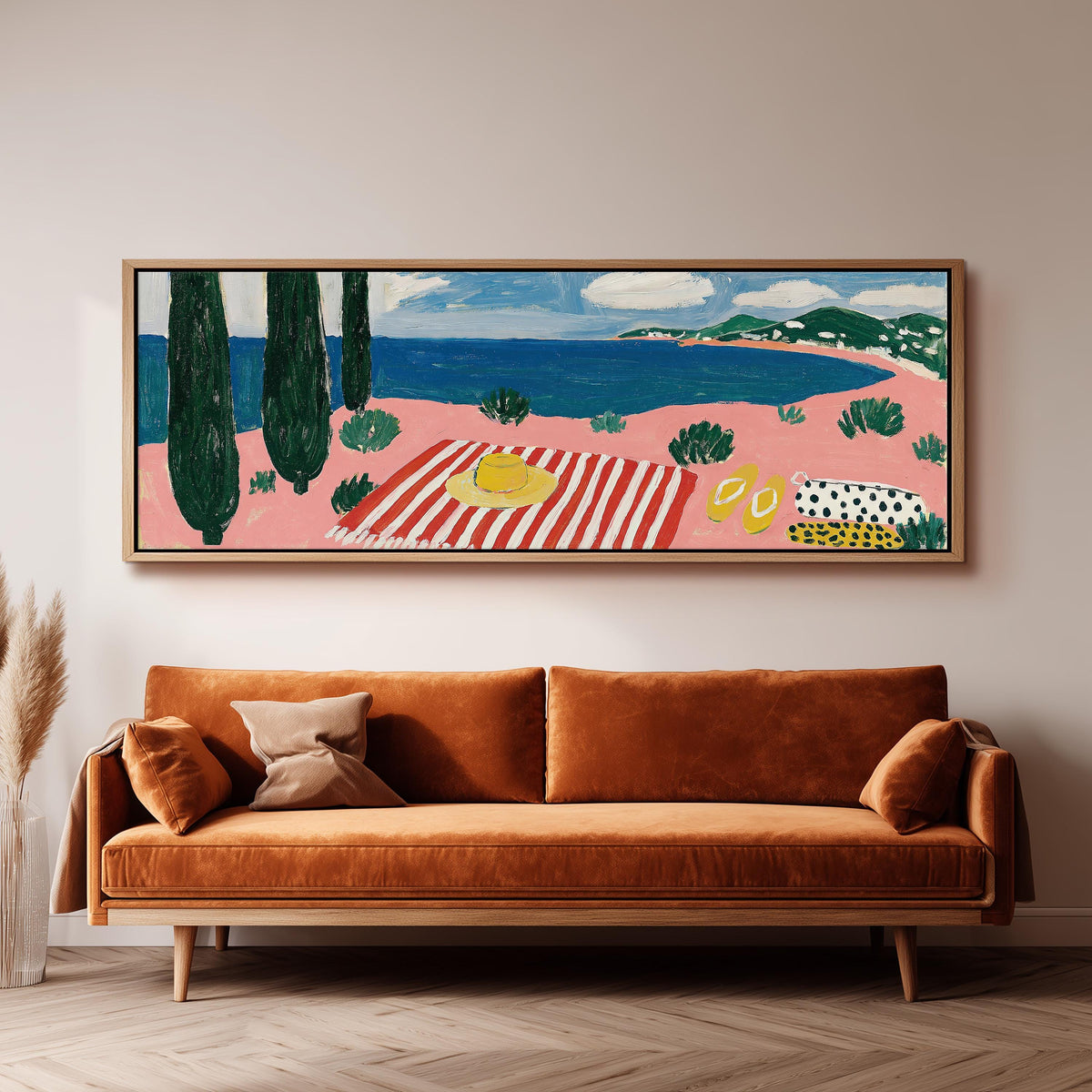 Mediterranean beach day with a striped towel long horizontal canvas print above a sofa in a living room