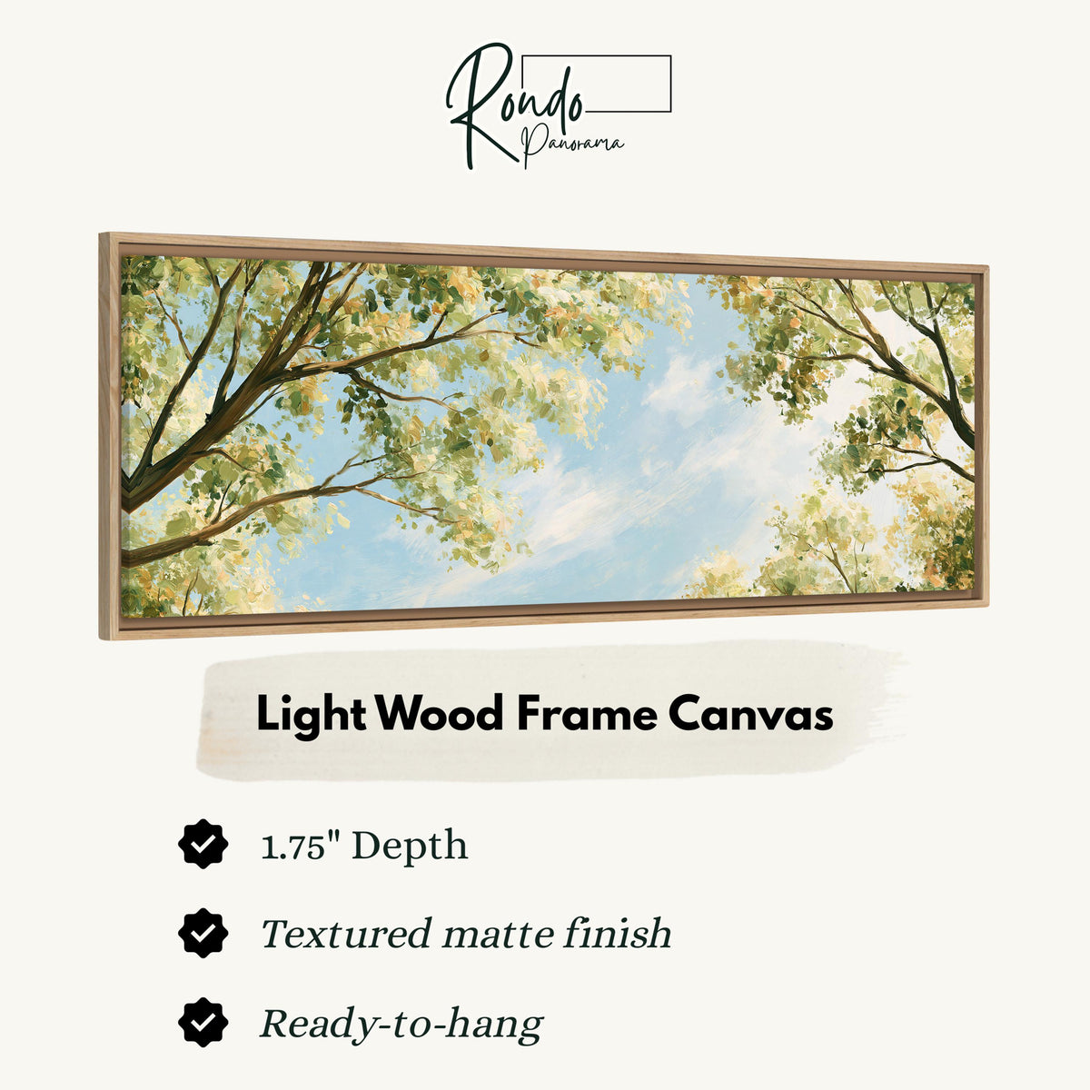 Sunlit leafy branches framing soft clouds canvas print in a light wood floating frame