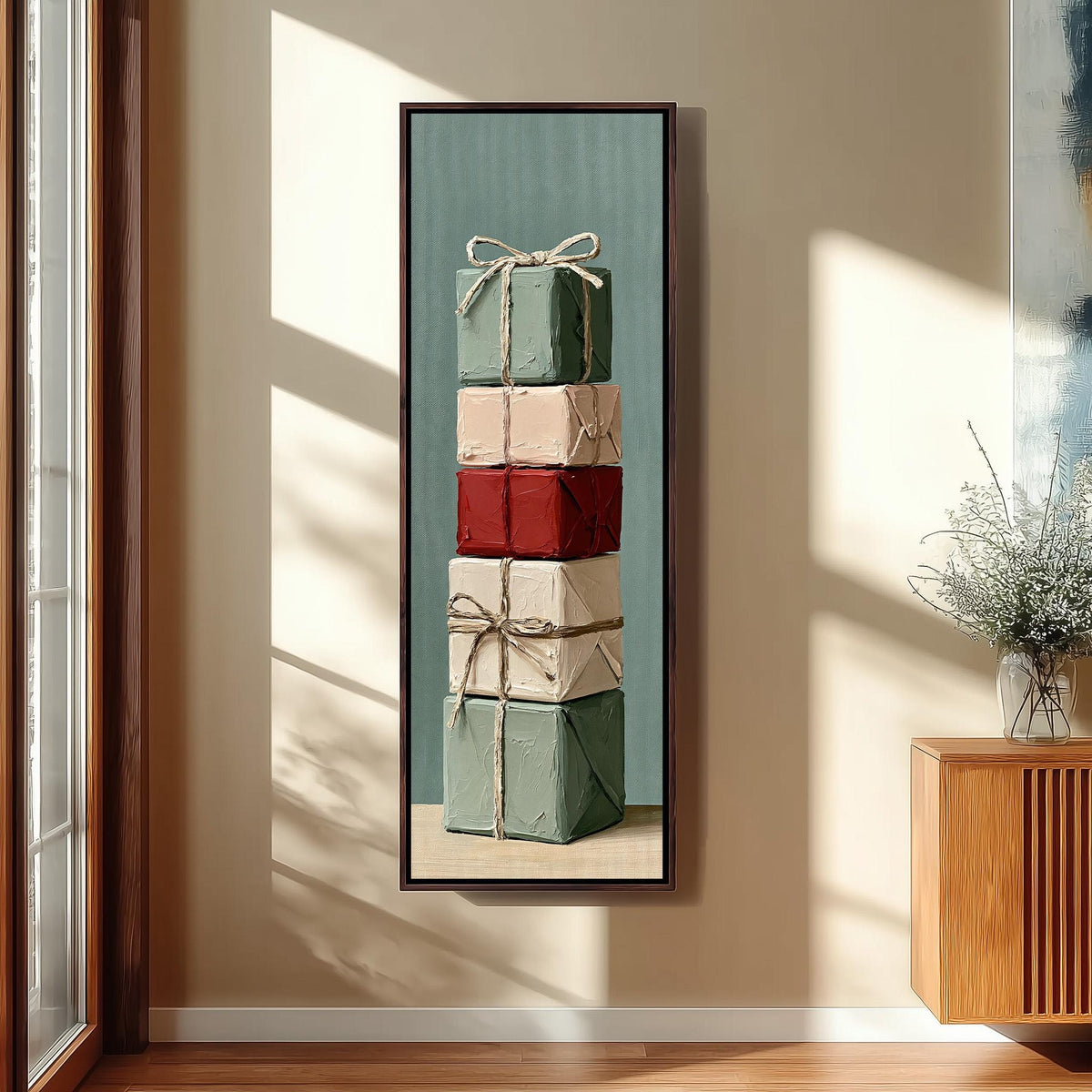 Stack of gifts tied with twine tall narrow canvas print beside a staircase in an entryway