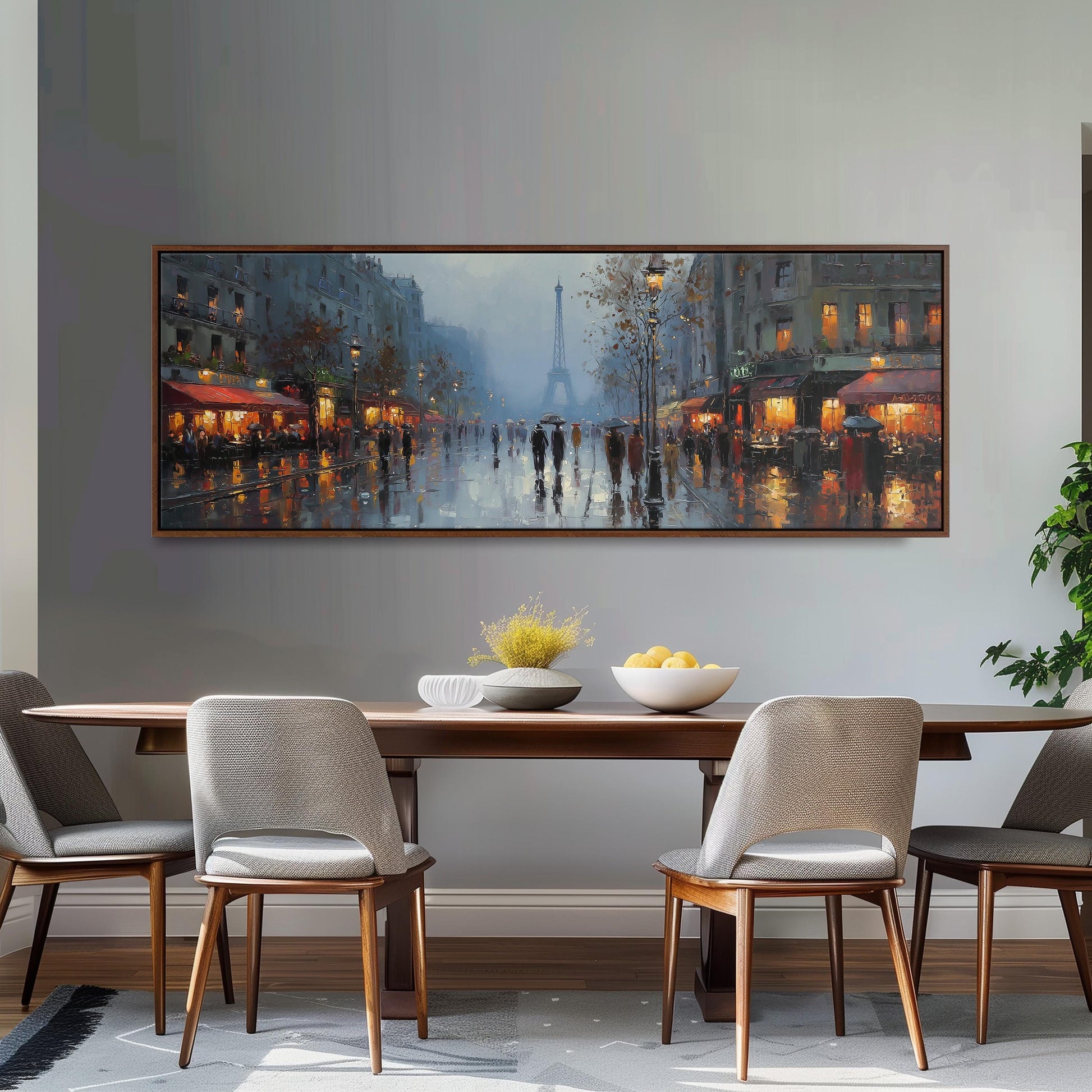 a large painting of a city street scene with people walking on the sidewalk, illuminated by streetlights and building lights, creating a warm and inviting atmosphere.