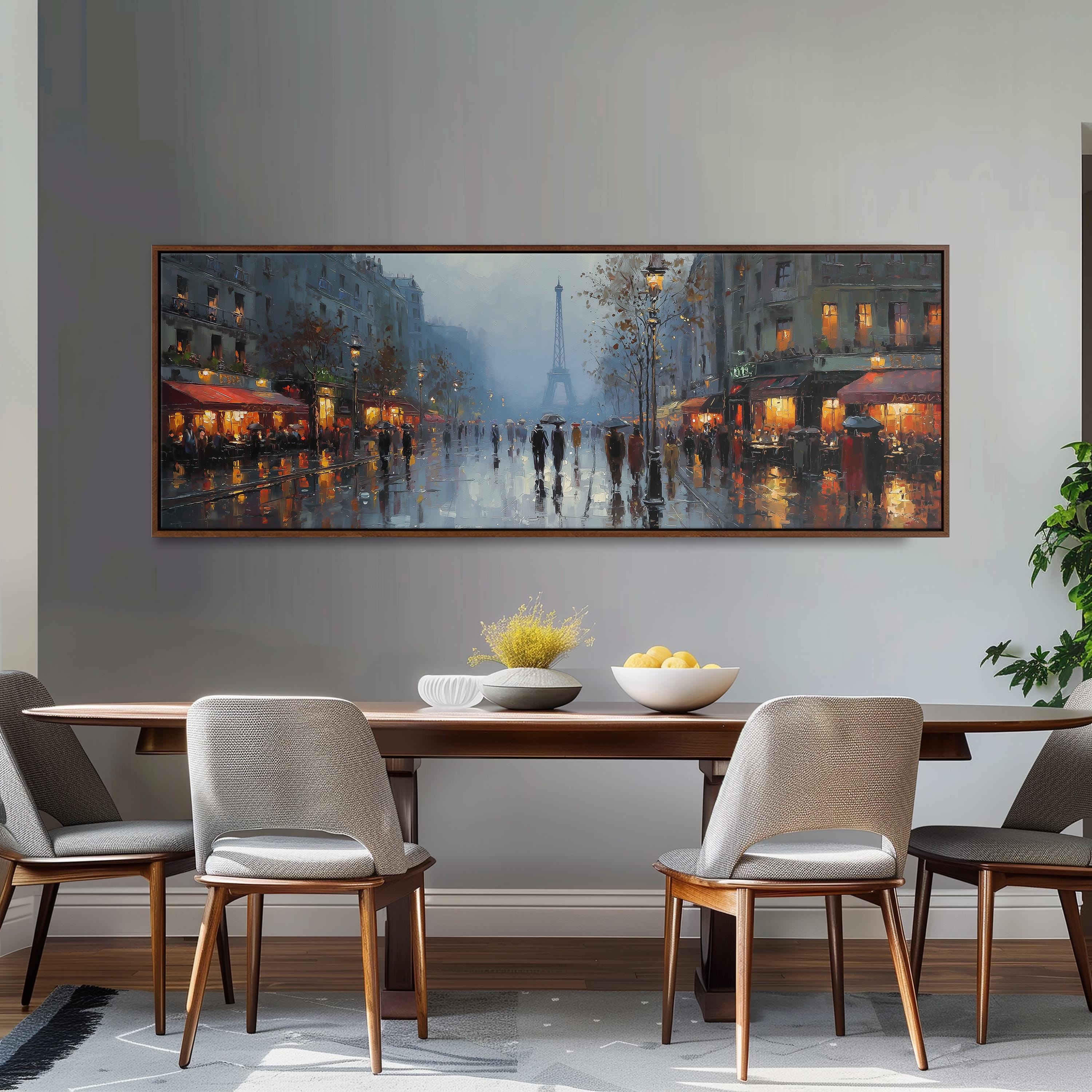 a large painting of a city street scene with people walking on the sidewalk, illuminated by streetlights and building lights, creating a warm and inviting atmosphere.