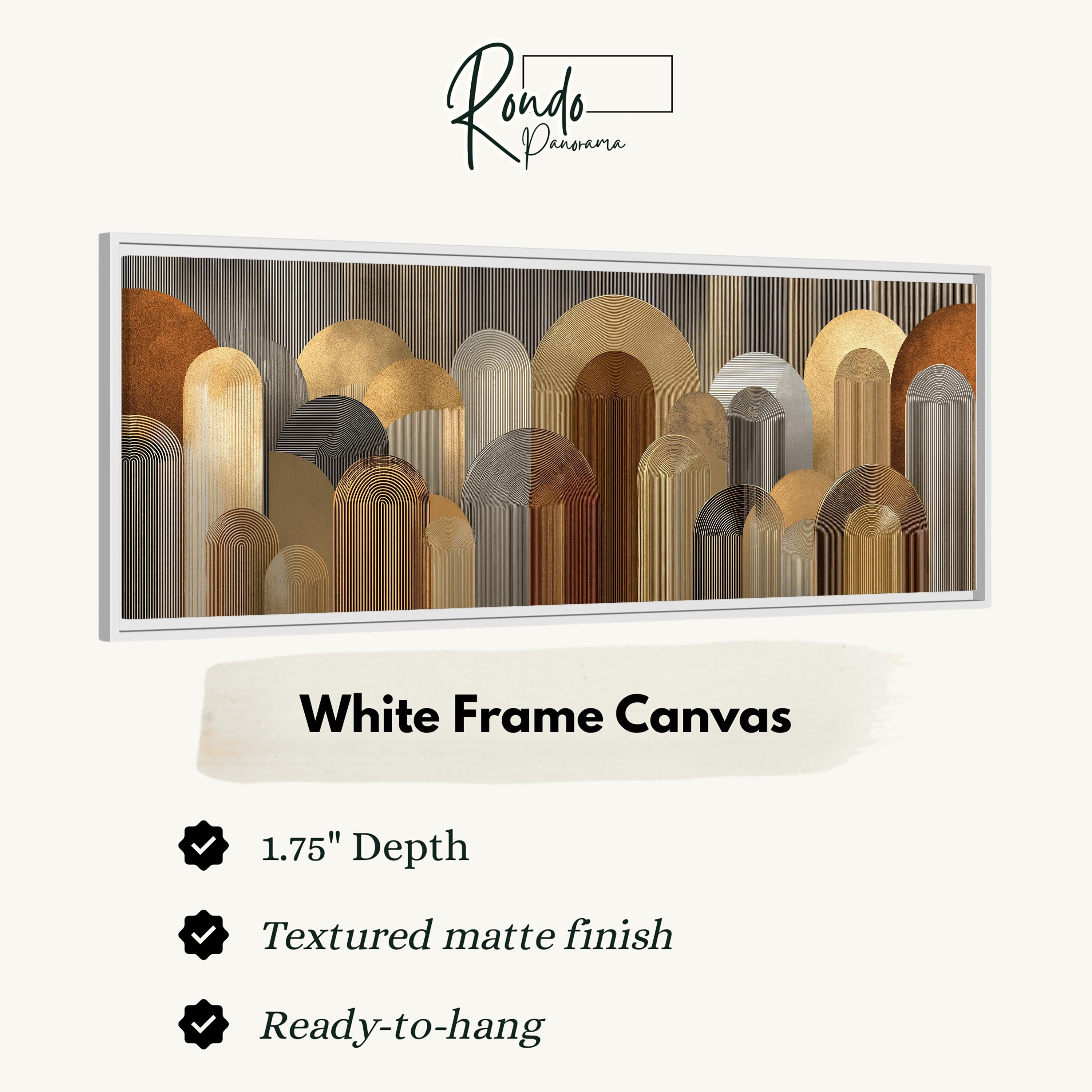 The image is a white frame canvas with a geometric design of overlapping circles and arches in various shades of brown and beige.