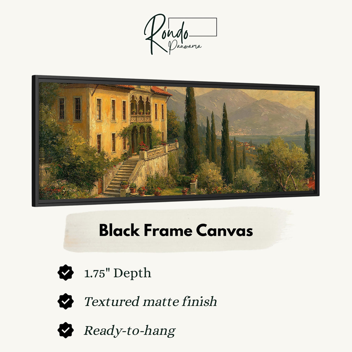 Tuscan villa among cypress hills canvas print in a black floating frame
