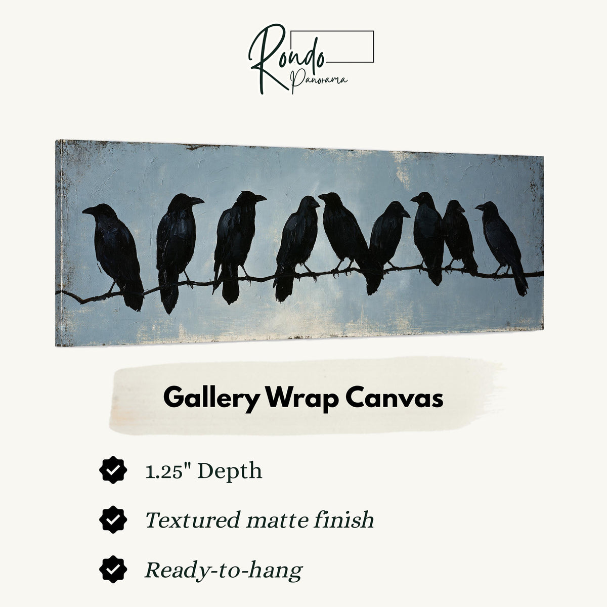 Crows gathered on a branch gallery wrap canvas with the image wrapped around the edges