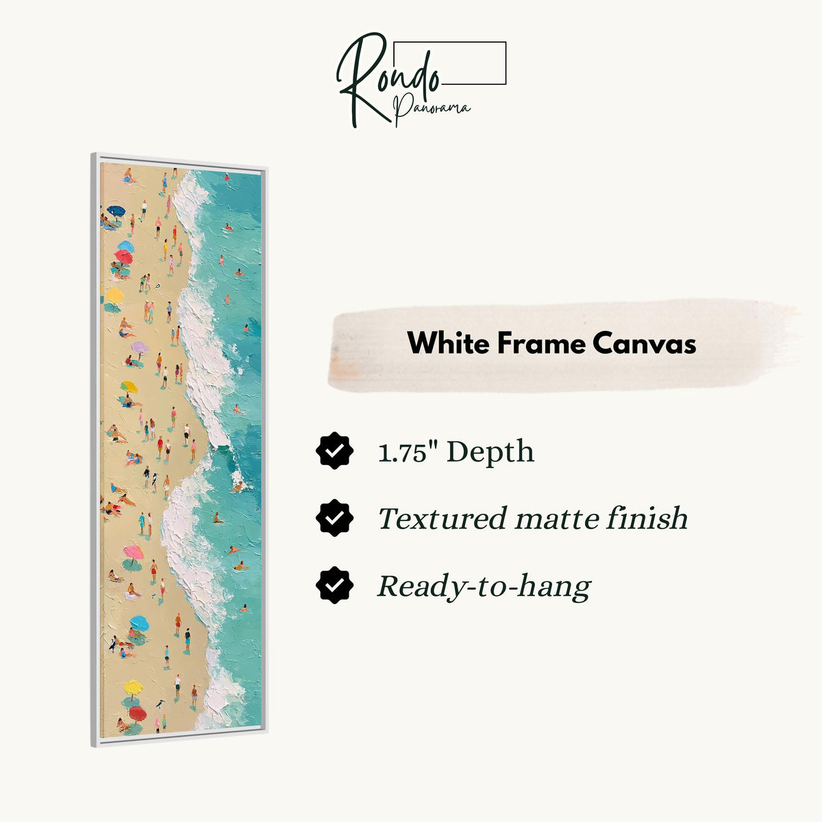 Busy beach and turquoise surf from above canvas print in a white floating frame