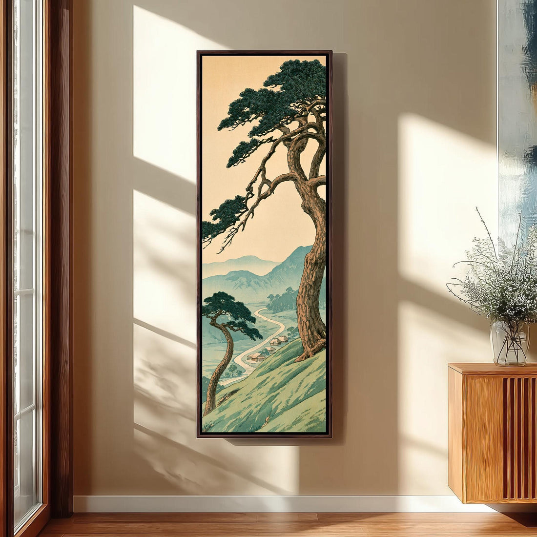 Pine tree above a hillside village long vertical canvas print in a sunlit living space