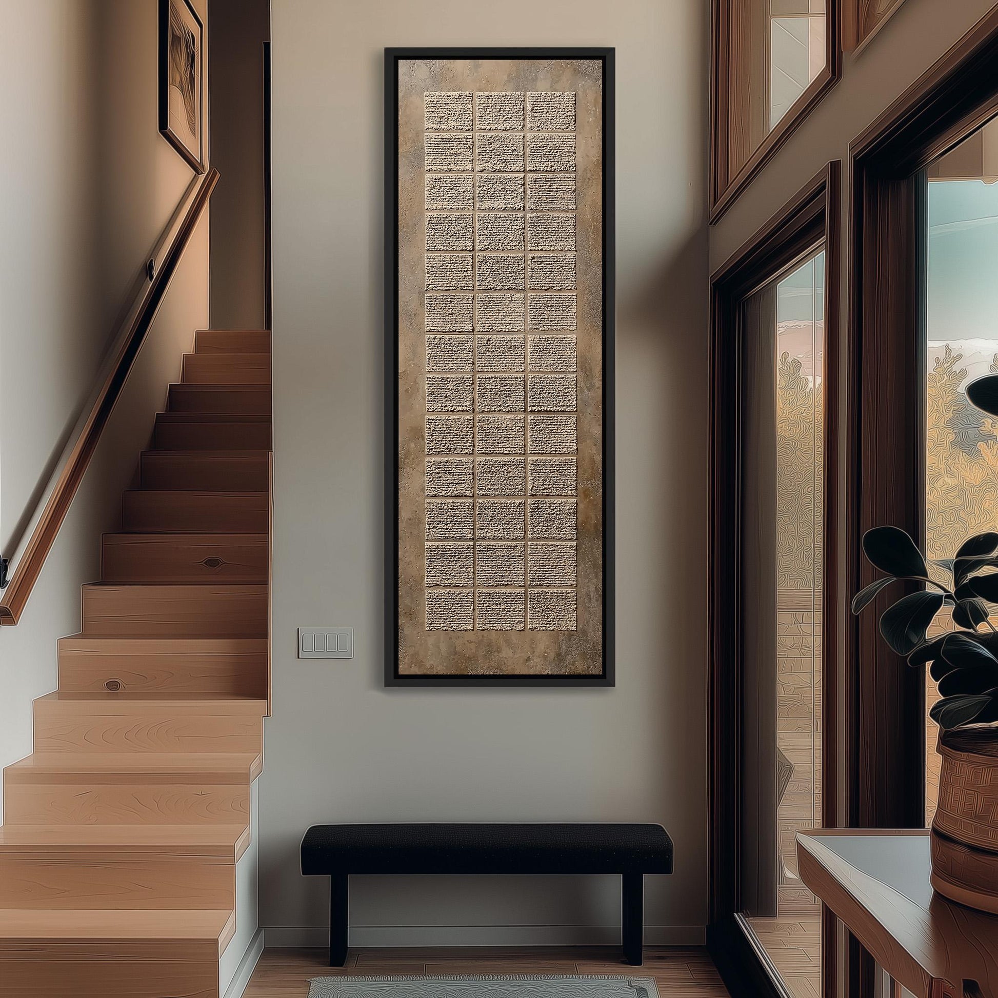 a modern and minimalist interior design, featuring a large wooden staircase, a black bench, and a large abstract artwork on the wall.